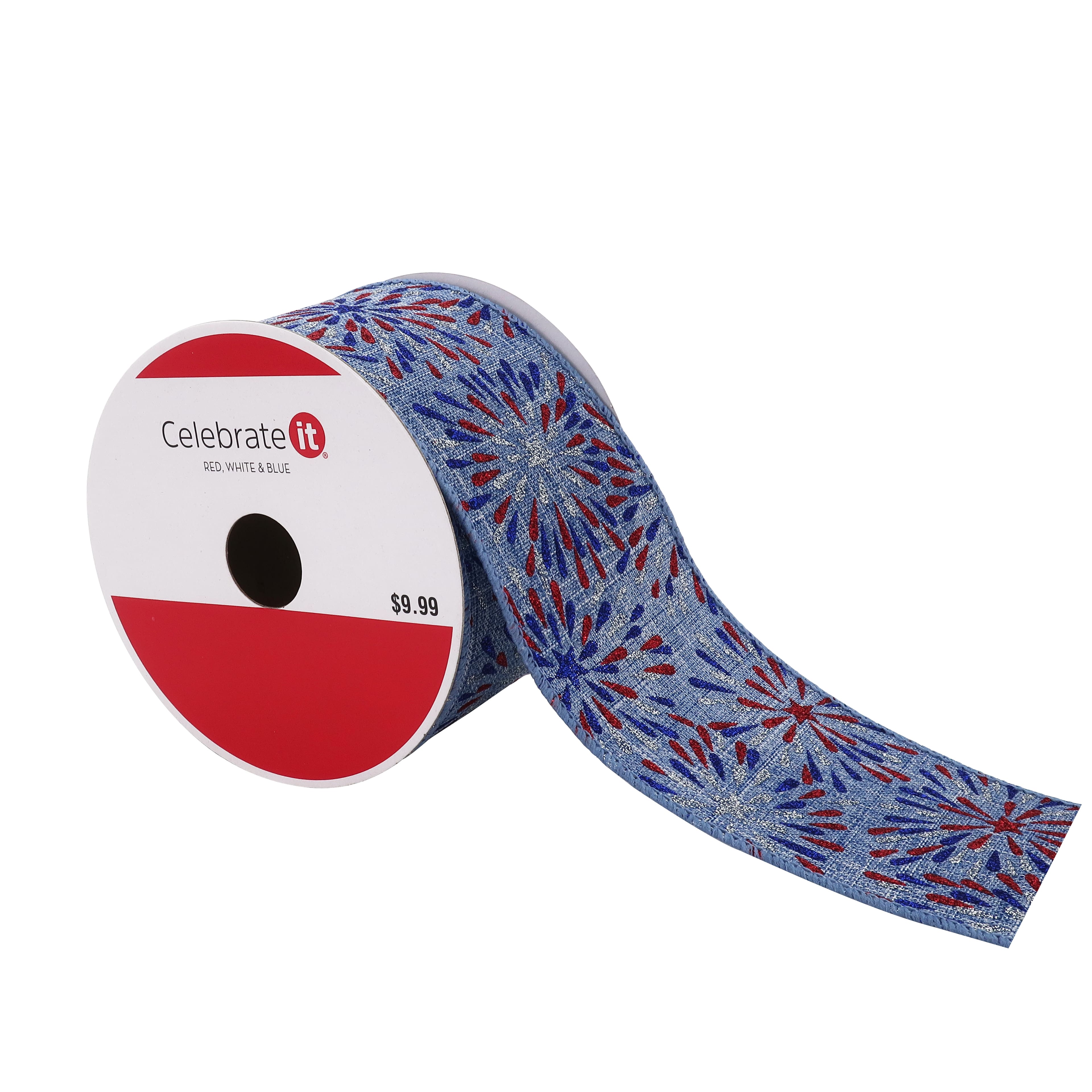 2.5&#x22; x 20ft. Faux Linen Wired Fireworks Ribbon by Celebrate It&#xAE; Red, White &#x26; Blue
