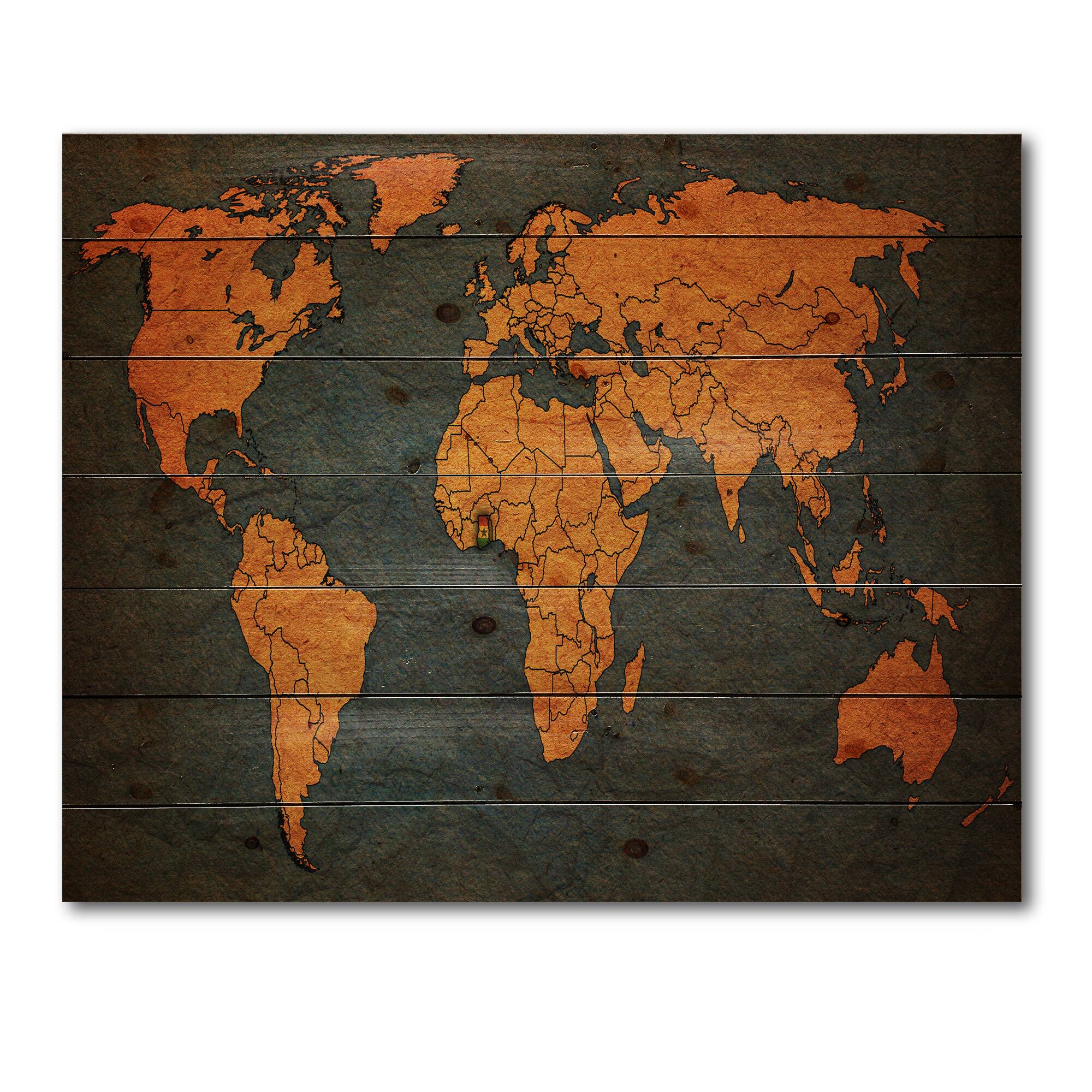 Designart - Ancient Map of The World Africa - Vintage Print on Natural Pine Wood