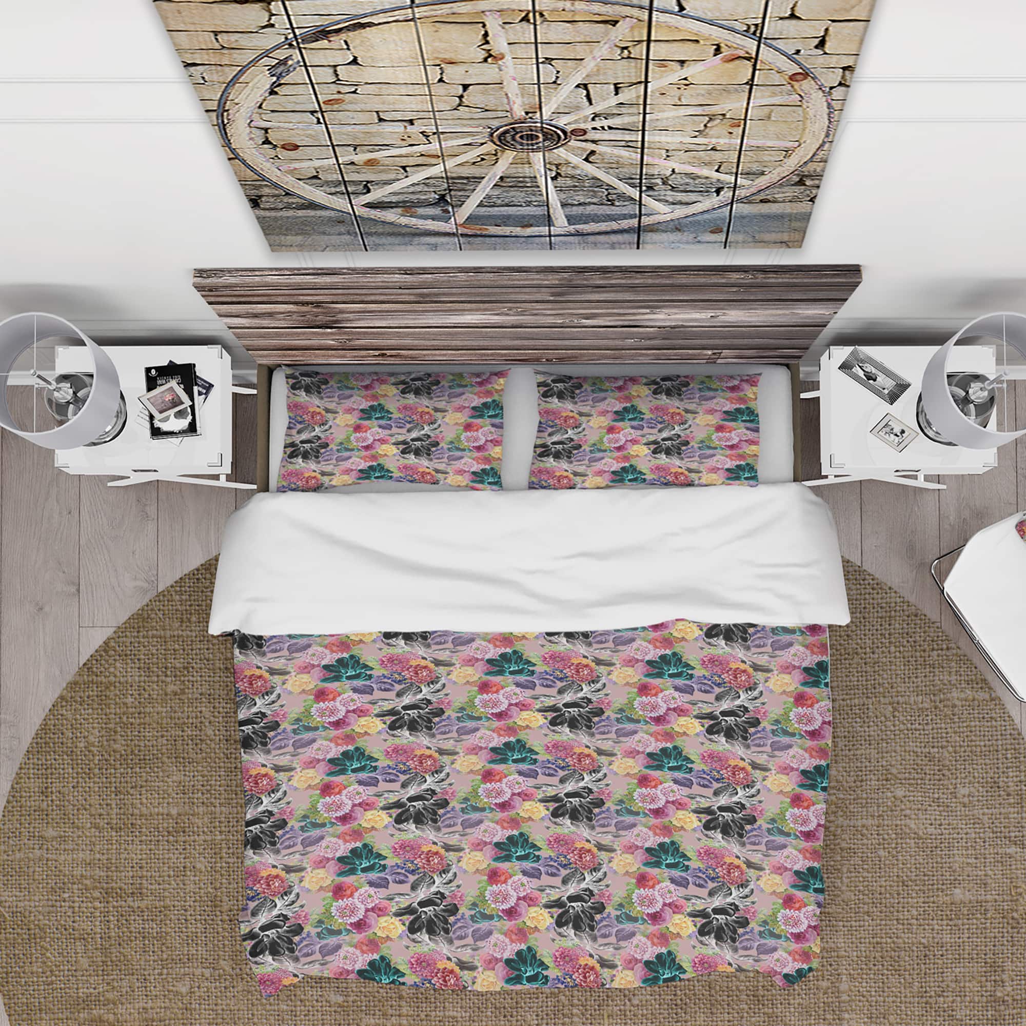 Designart &#x27;Black Chrysanthemum And Blooming Roses&#x27; Floral Bedding Set - Duvet Cover &#x26; Shams
