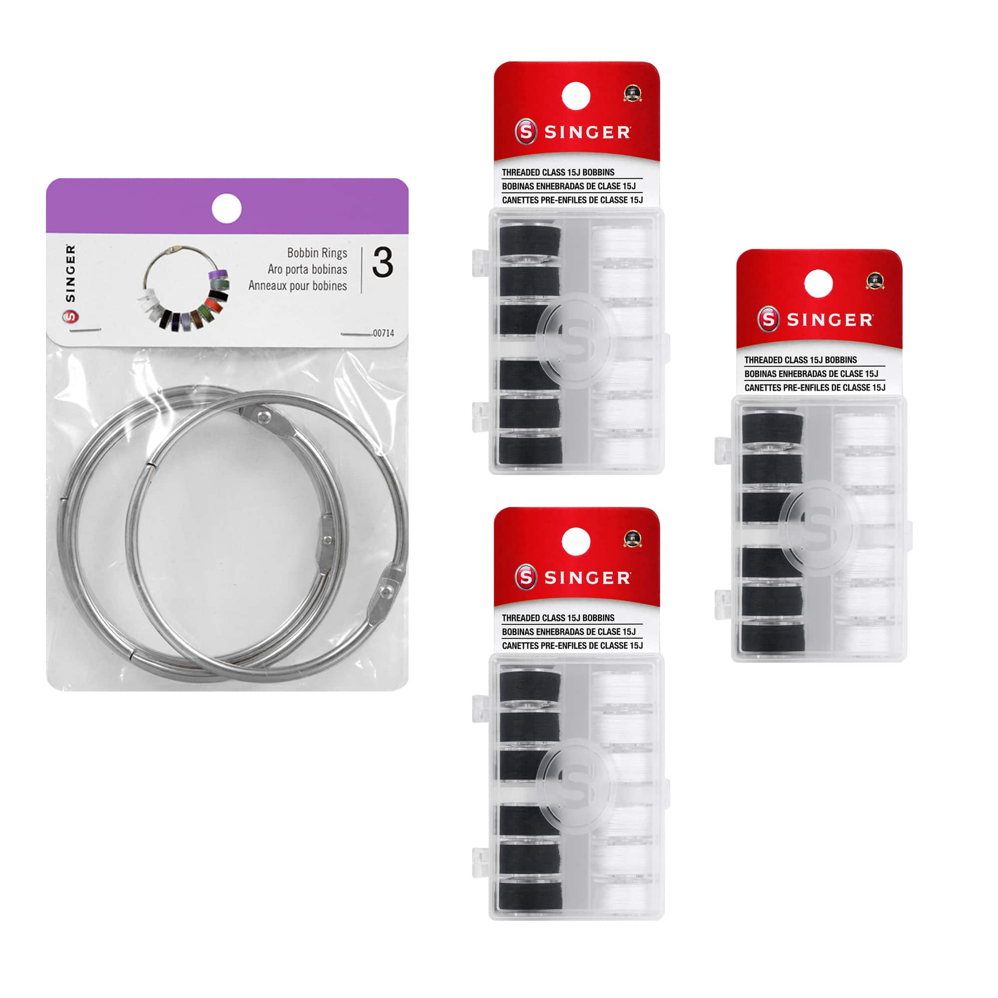 SINGER® Class 15J Sewing Bobbin & Storage Rings Set, Black & White
