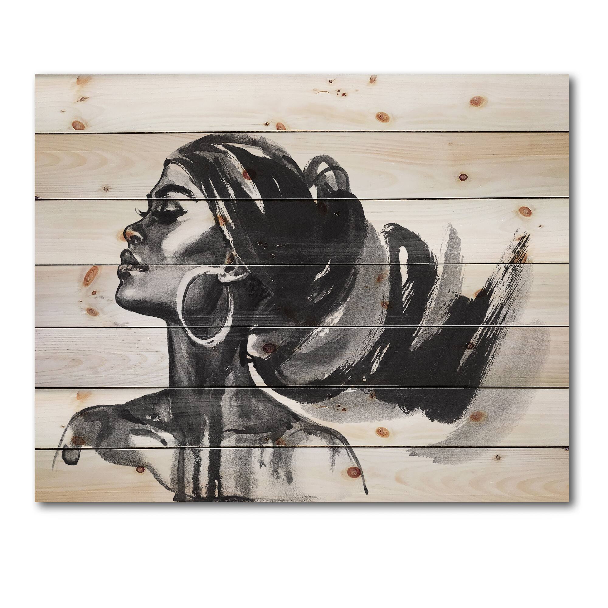 Designart - Monochrome Portrait of African American Woman IV - Modern Print on Natural Pine Wood