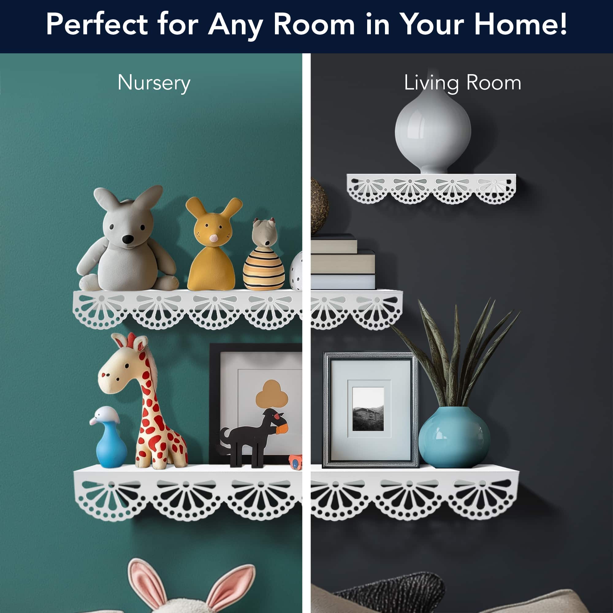 American Art Decor Scallop Metal Floating Shelves, White 3" x 5" x 24", 3pc.