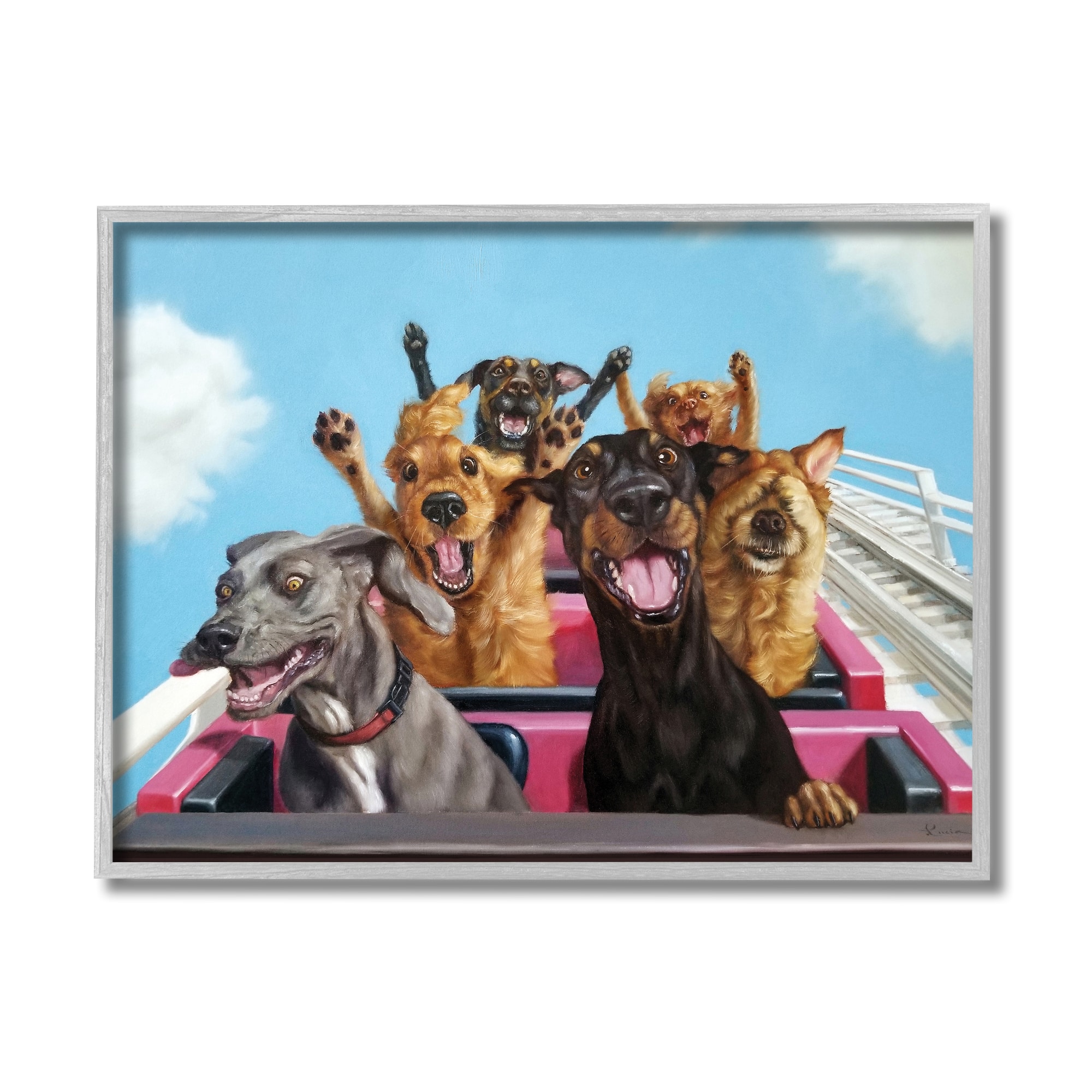 Stupell Industries Dogs Riding Roller Coaster Funny Amusement Park in Gray Frame Wall Art