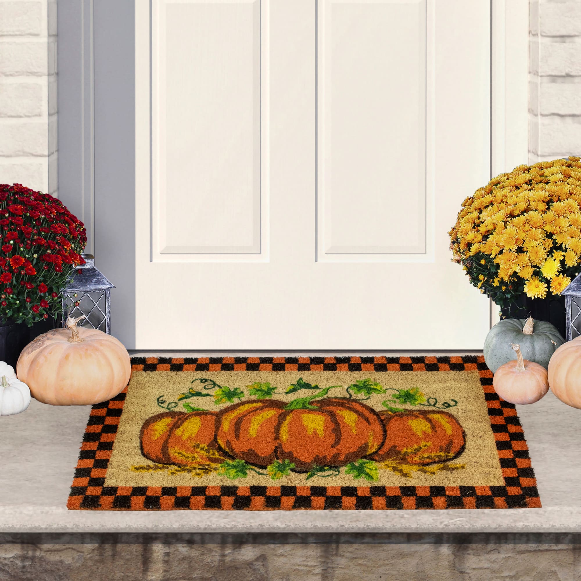 Orange &#x26; Black Checkered Fall Harvest Pumpkin Doormat