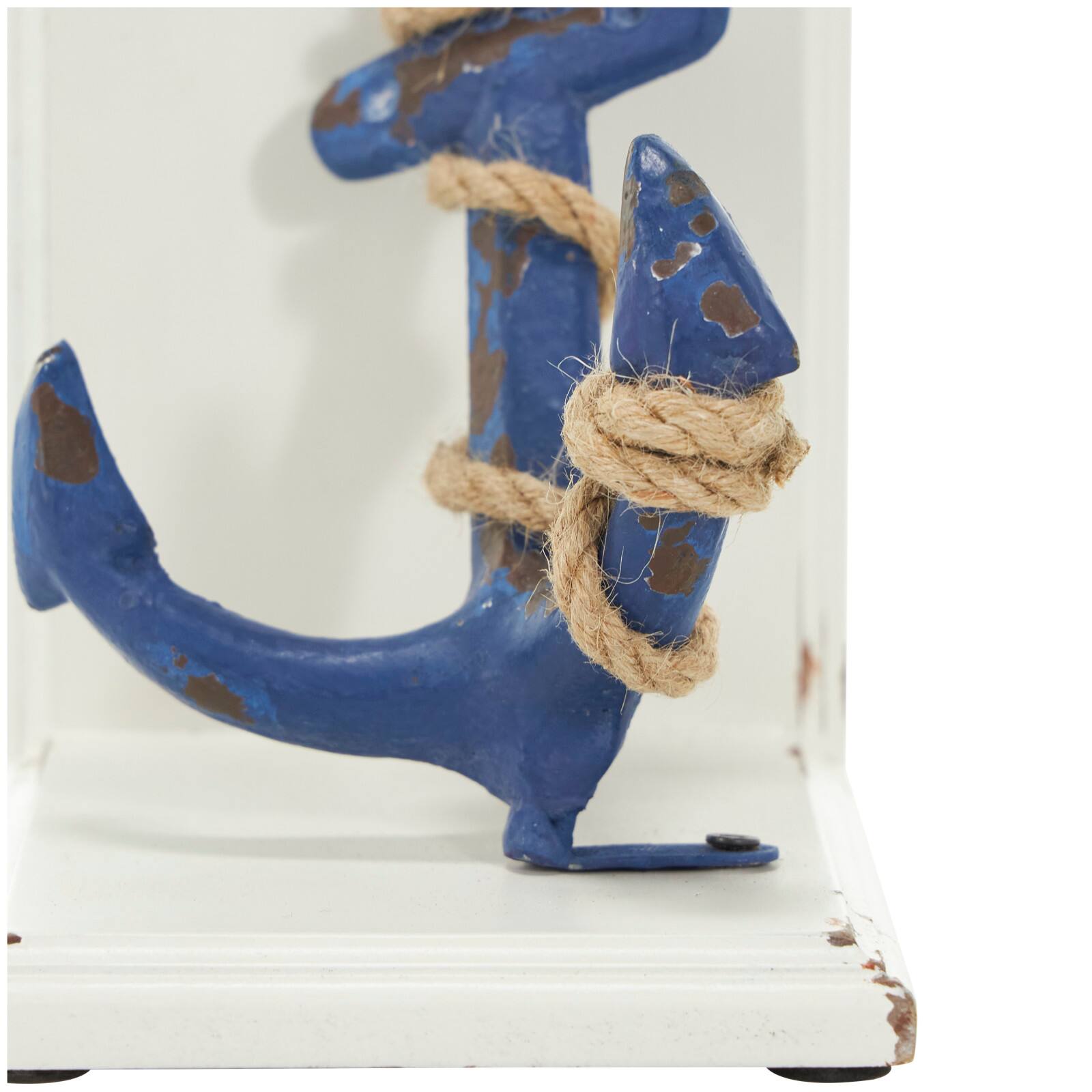 8" Blue Wood Anchor Distressed Bookends with Rope Accents & White Wood Stands Set