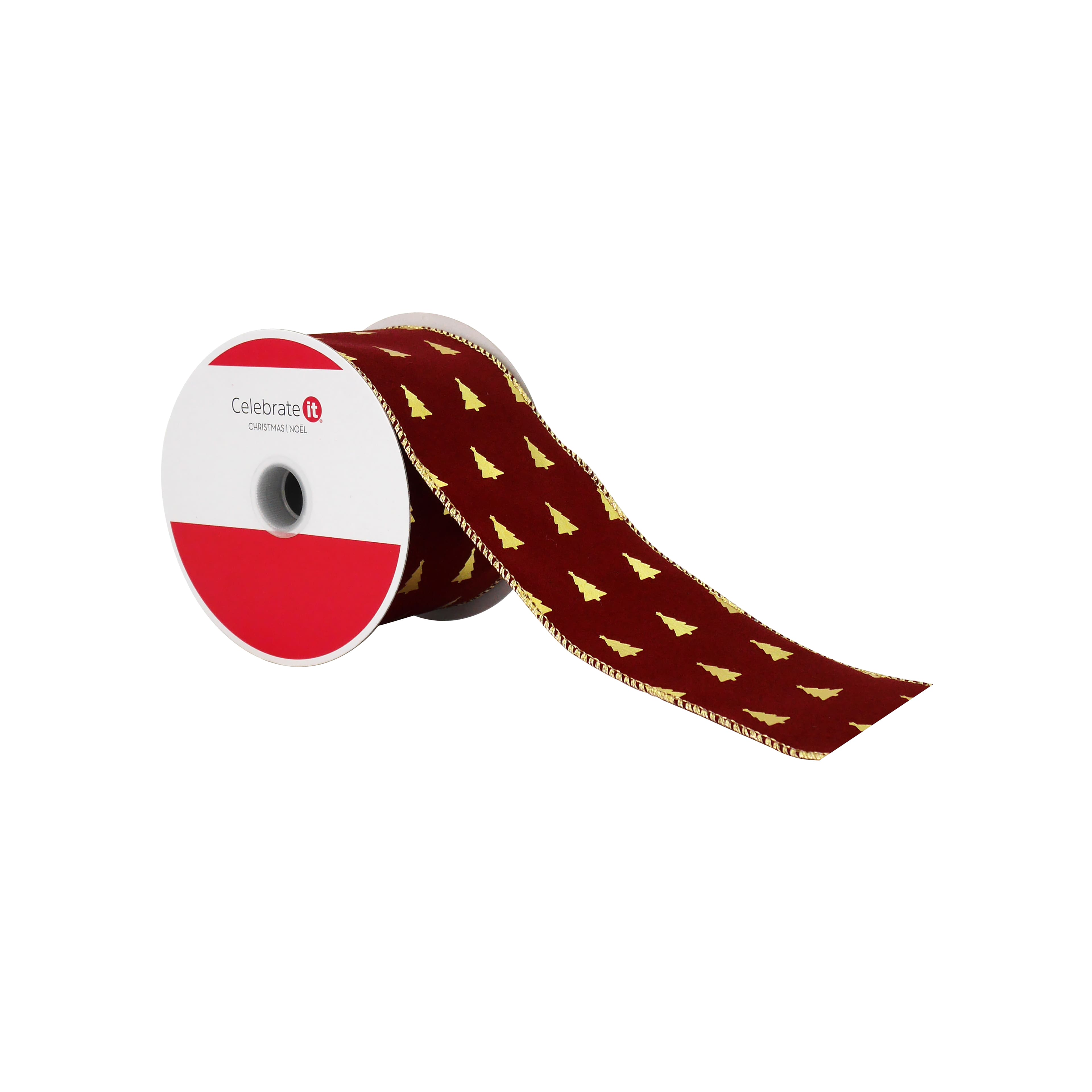 2.5&#x22; x 20ft. Burgundy with Gold Foil Trees Wired Ribbon by Celebrate It&#xAE;