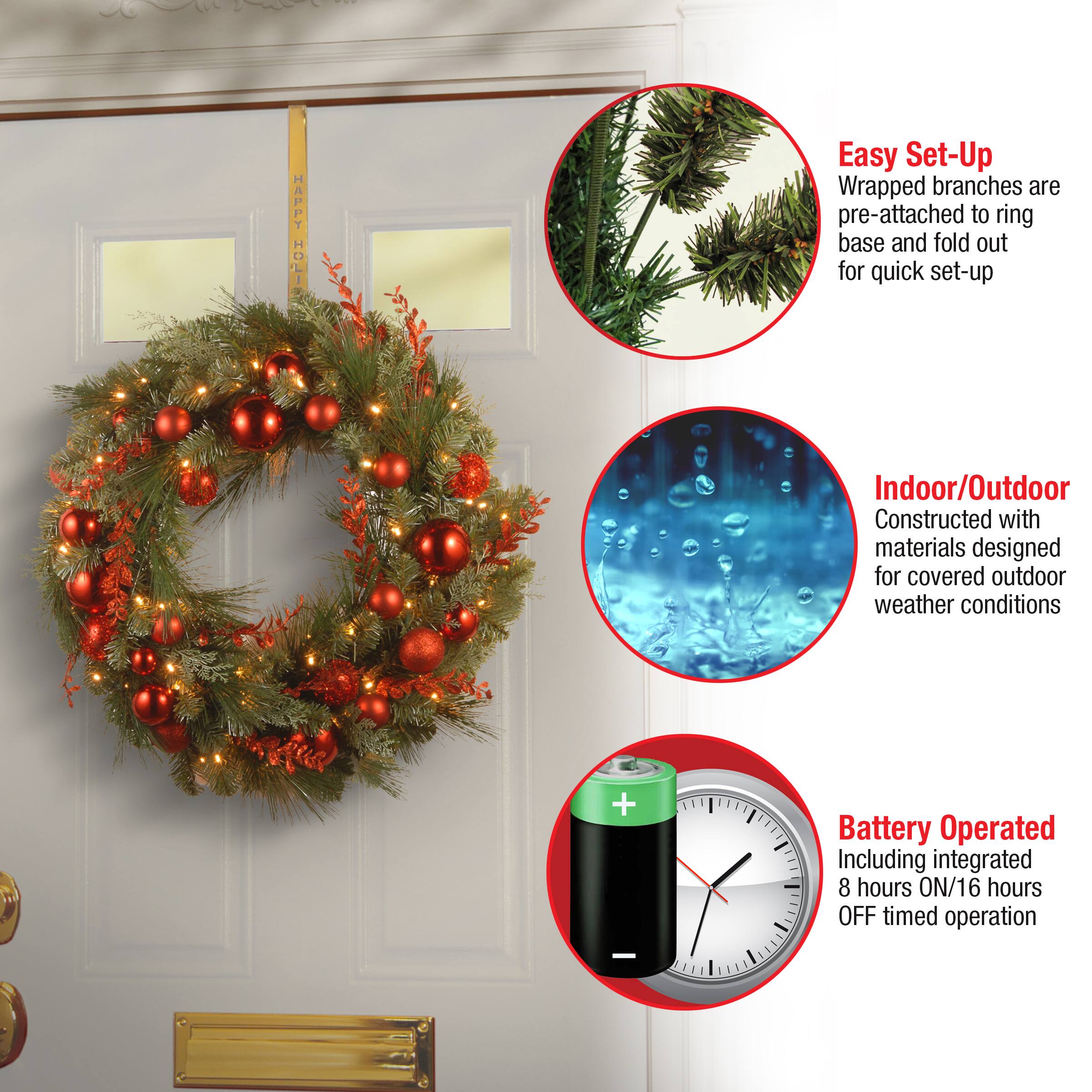 24" Decorative Collection Christmas Red Mixed Wreaths with 50ct. Soft White Battery Operated LED Lights with Timer