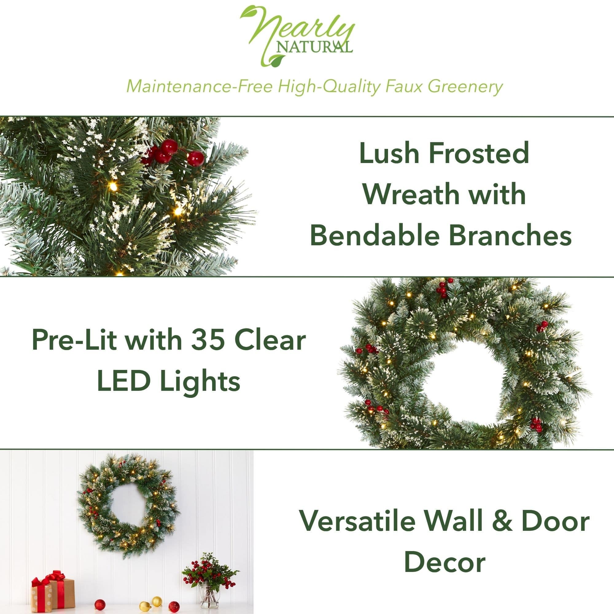 24&#x22; LED Frosted Swiss Pine &#x26; Berry Artificial Wreath