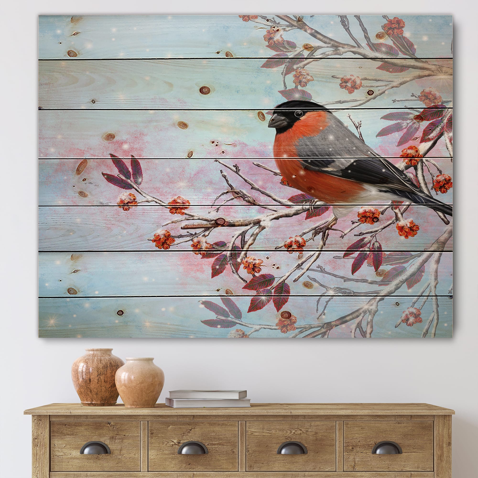 Designart - Two Bright Bird Bullfinch Bird Sitting On A Branch