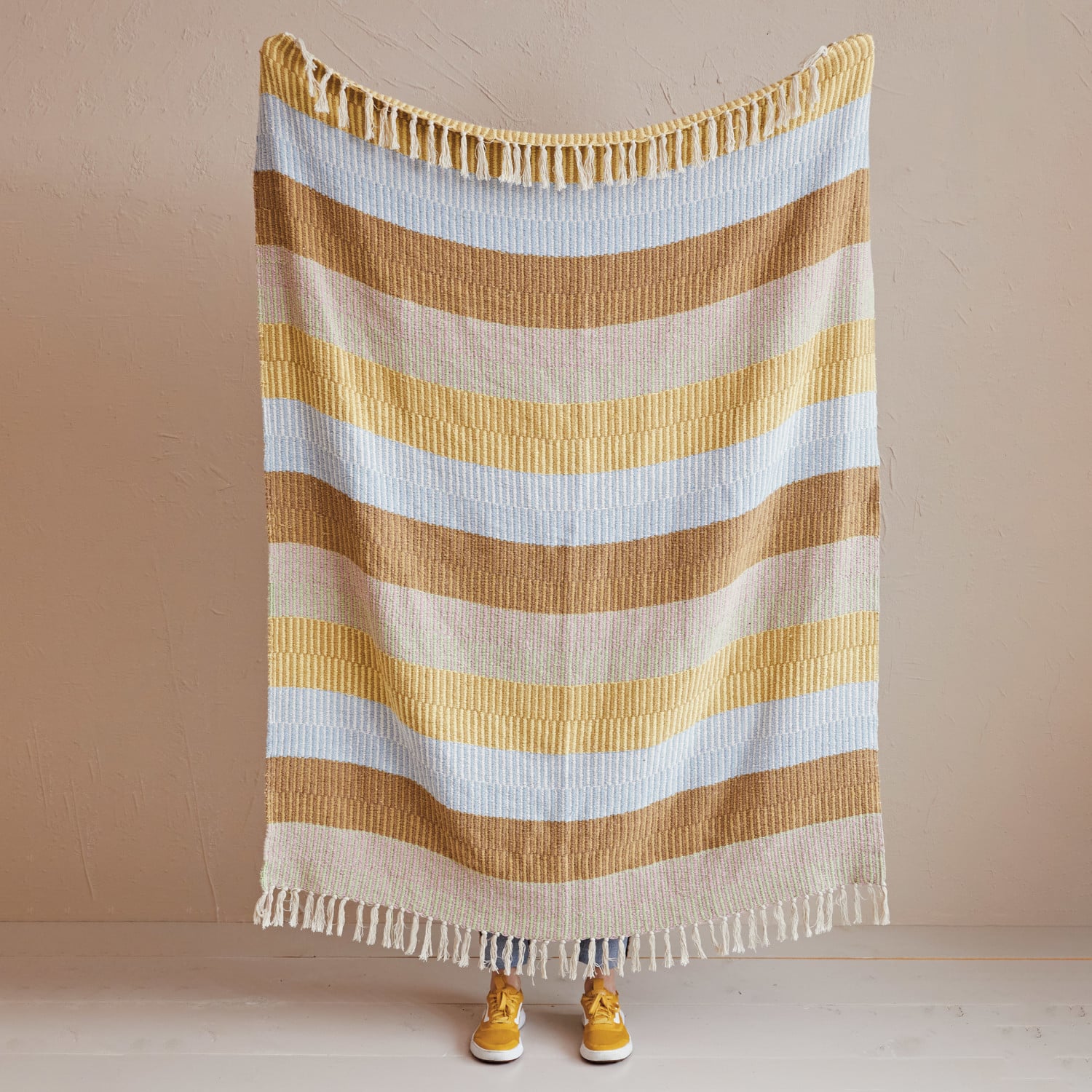 Hello Honey® 60" Striped Woven Reclaimed Cotton Blend Throw with Fringe