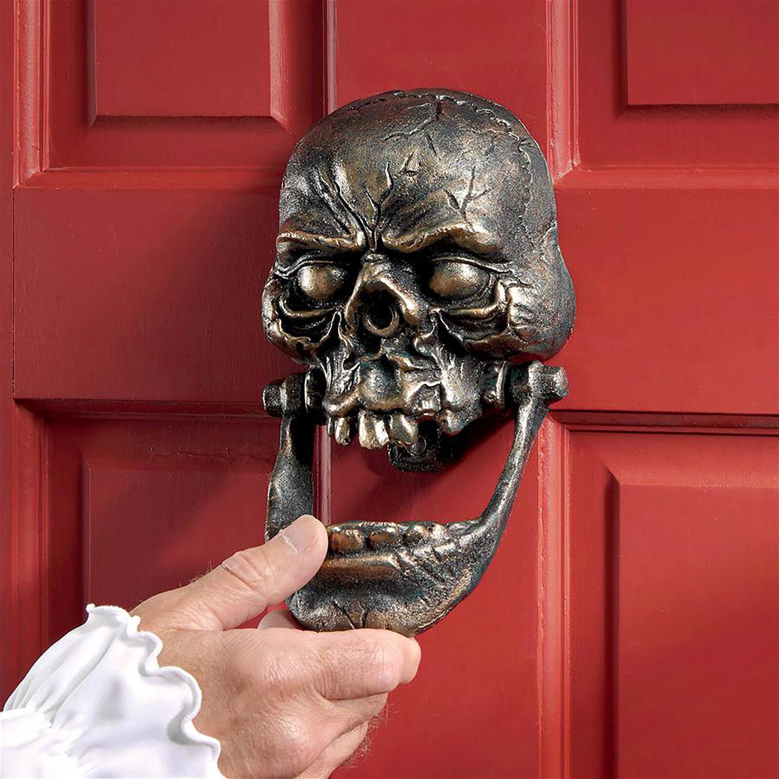 Design Toscano 9.5&#x22; Bronze Knock-Jaw Skull Authentic Foundry Iron Door Knocker