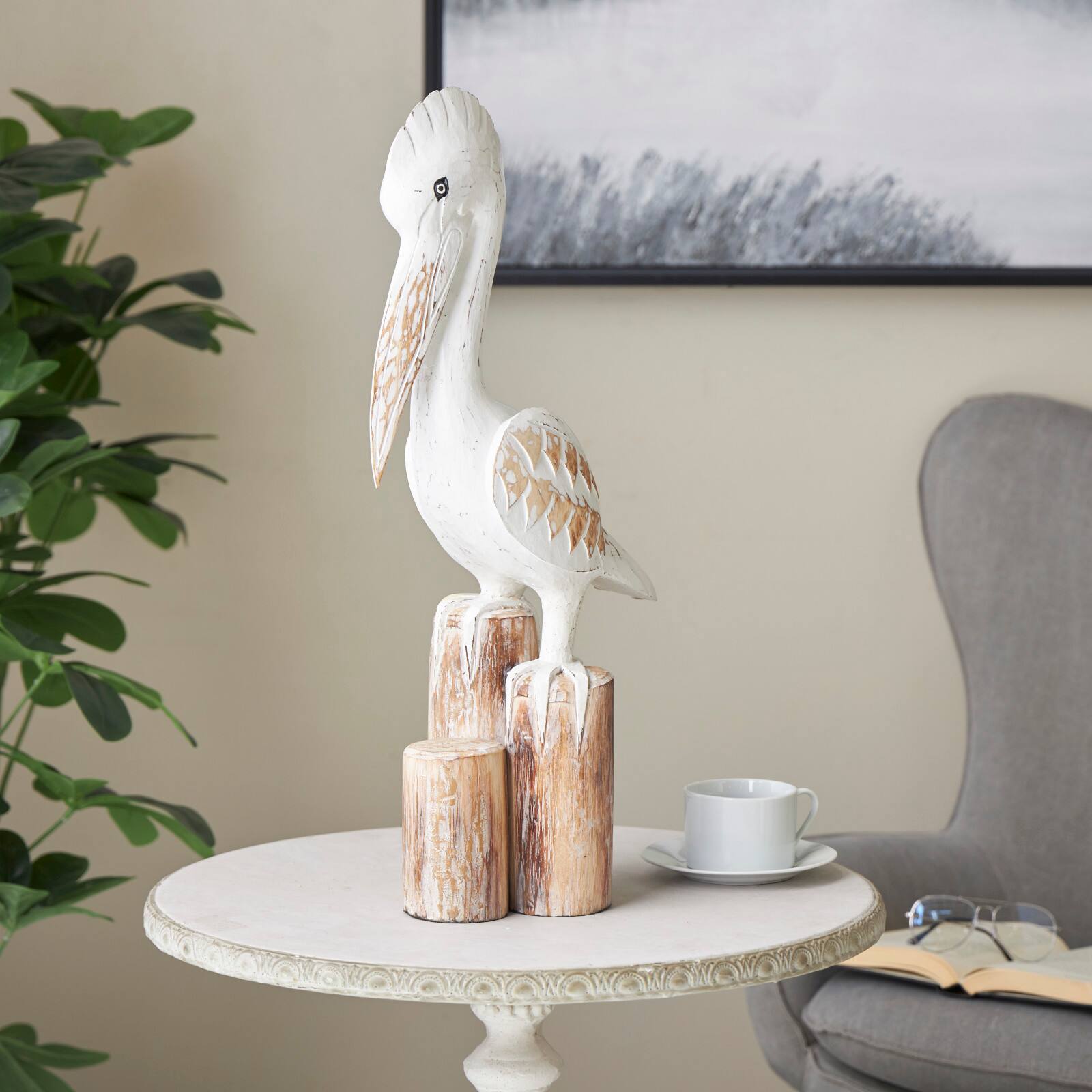 24" White Wood Pelican Handmade Distressed Sculpture with 3 Brown Posts