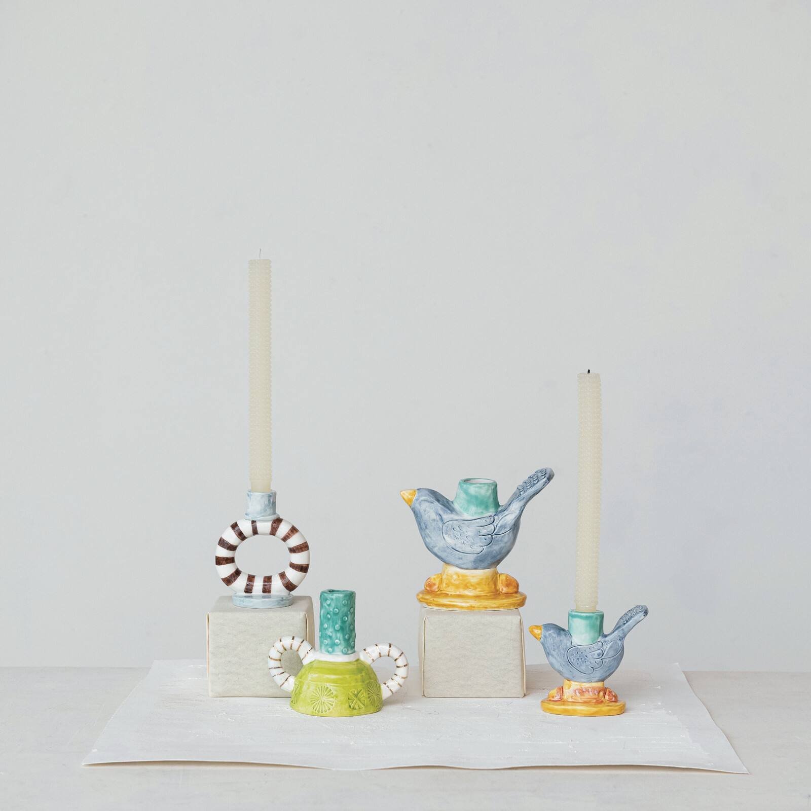 Hello Honey® 6" Yellow & Blue Chirpy Elegance Stoneware Taper Candle Holder