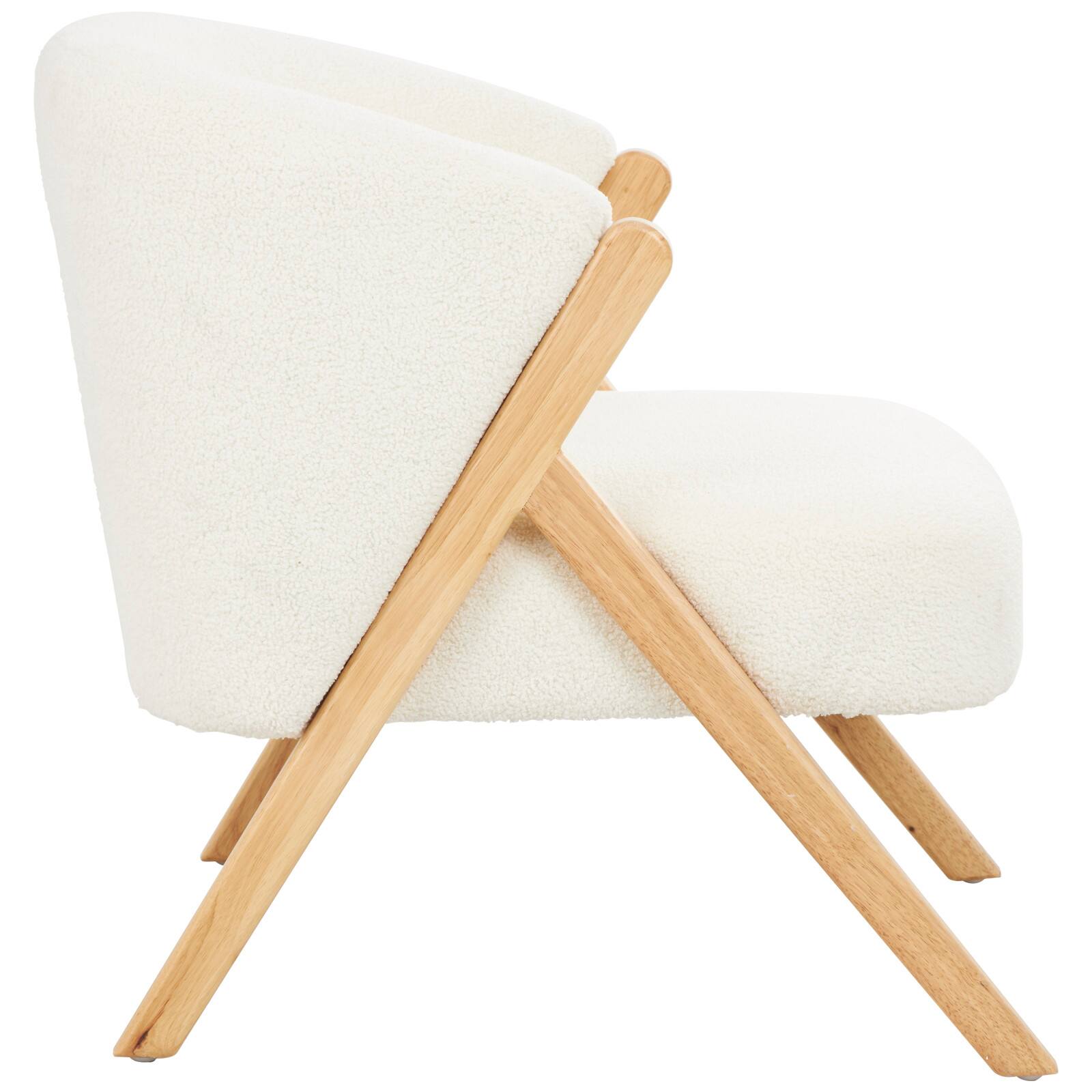 White Polyester Rounded Boucle Accent Chair with Angled Wooden Legs