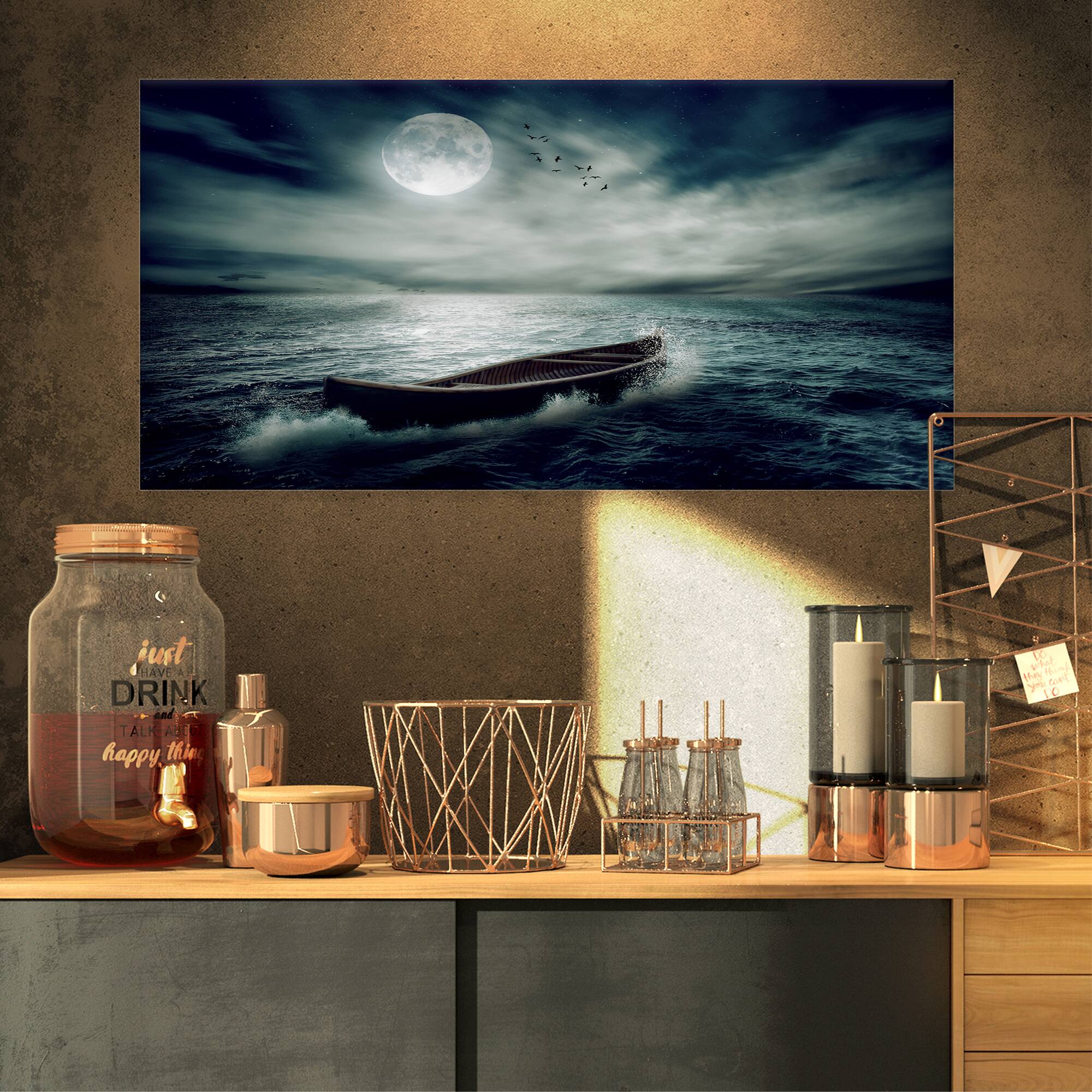 Designart - Boat Drifting Away After Storm - Seashore Canvas Art Print
