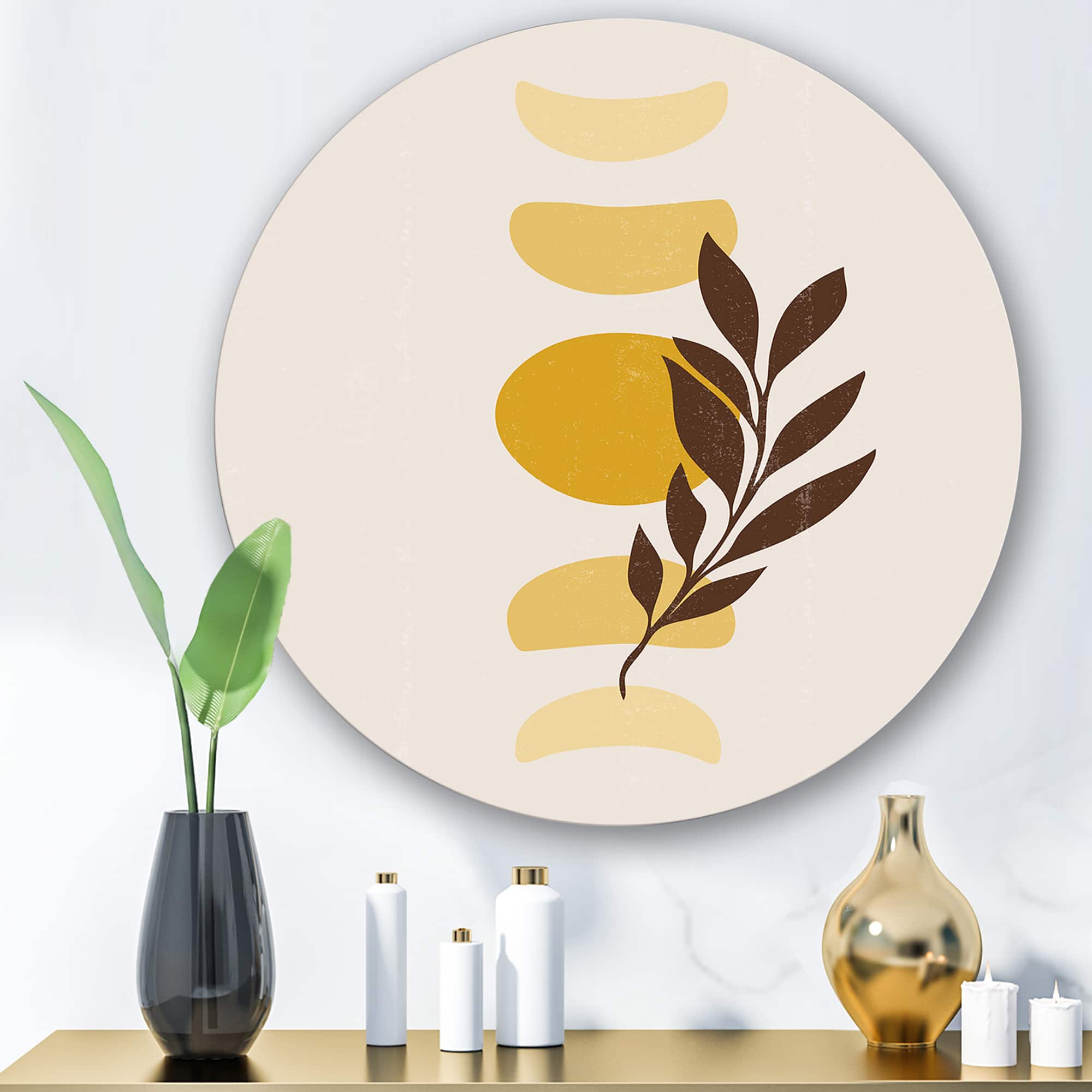 Designart - Abstract Geometrical Sun and Moon With Leaf VII - Modern Metal Circle Wall Art