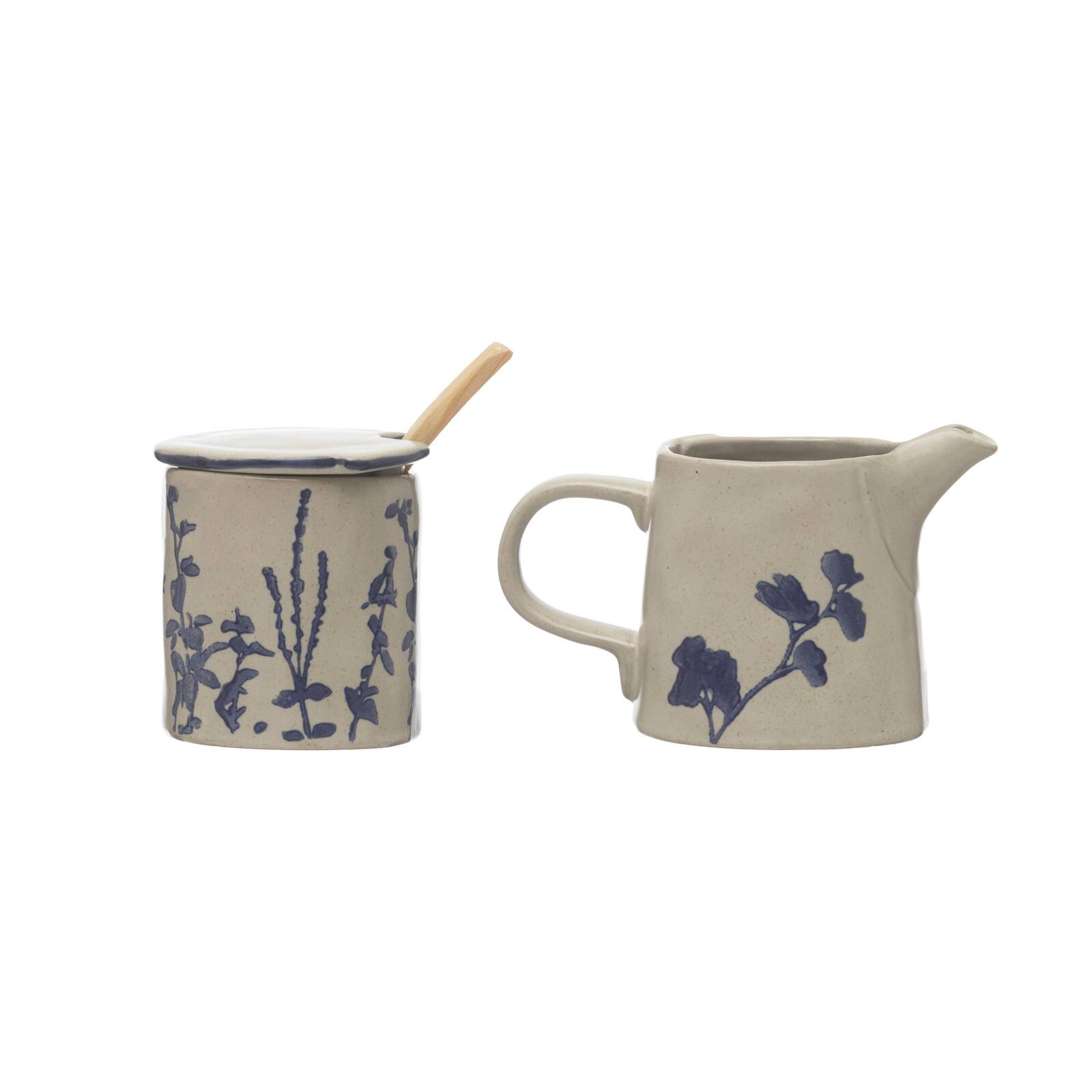 Hello Honey&#xAE; Antique White &#x26; Blue Hand Stamped Stoneware Sugar Pot &#x26; Creamer Set