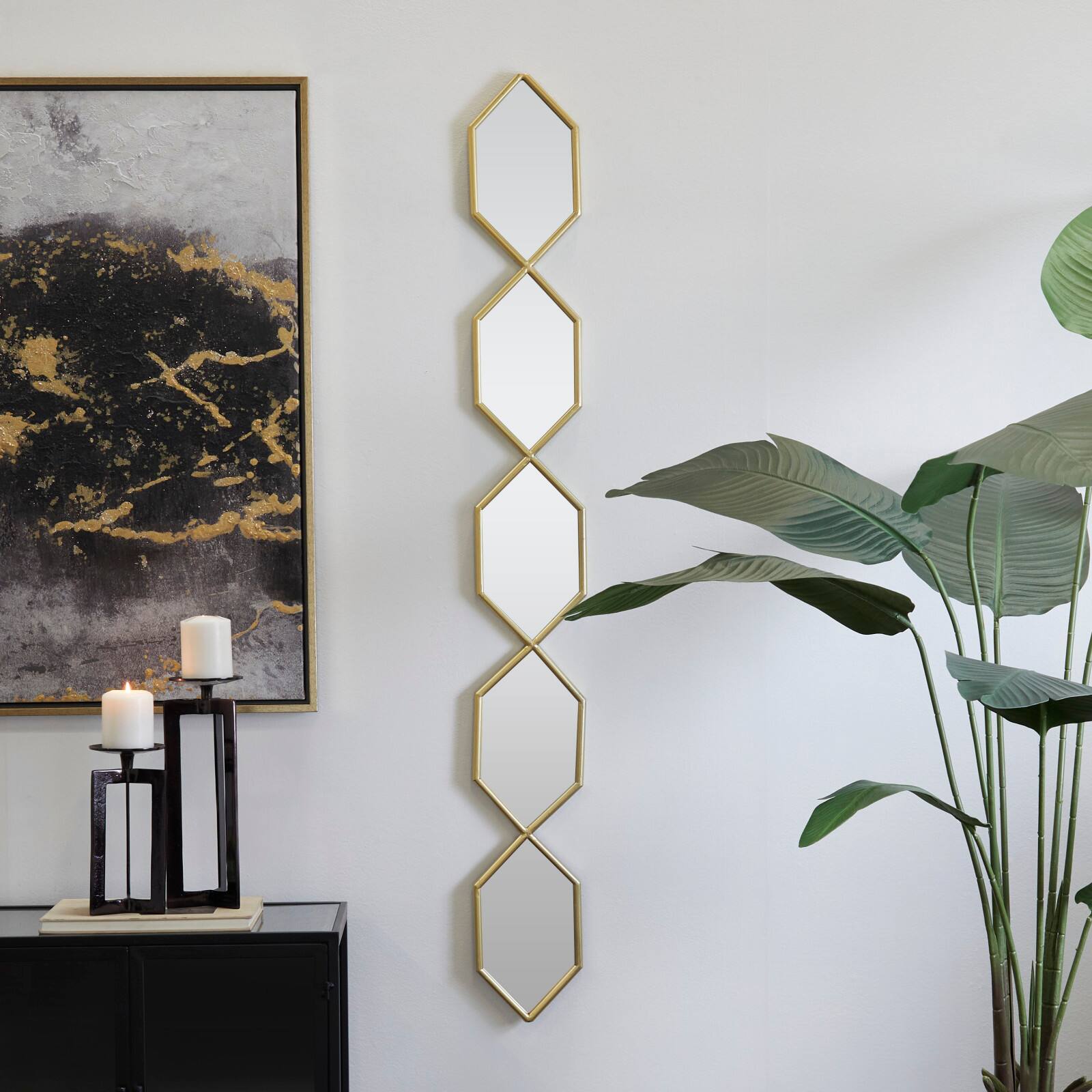 Gold Metal Slim Stacked Chain 5 Layer Wall Mirror with Trellis Pattern 7" x 1" x 59"