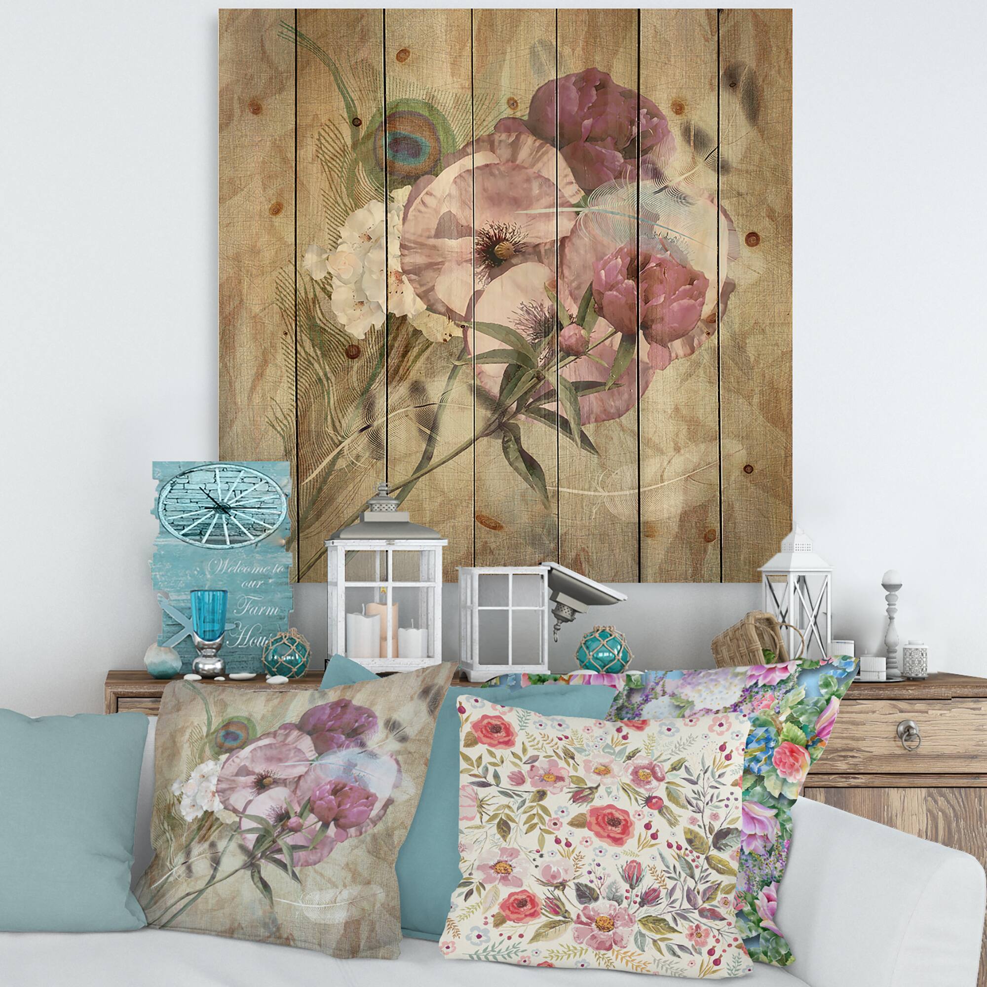 Designart - Iris Bouquet Floral Design - Traditional Print on Natural Pine Wood