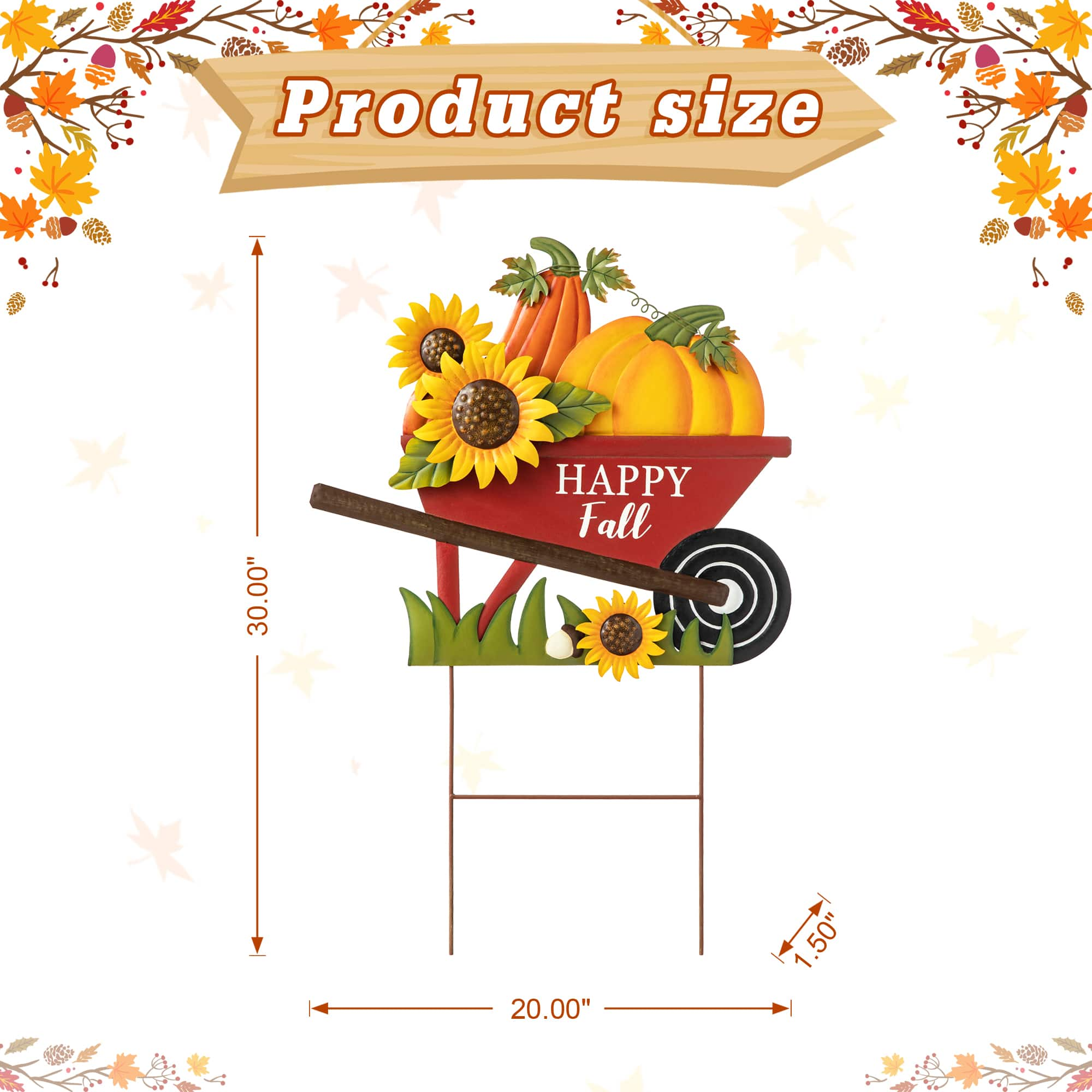 Glitzhome&#xAE; 2.5ft. Fall Metal Wheel Barrow Pumpkin Yard Stake