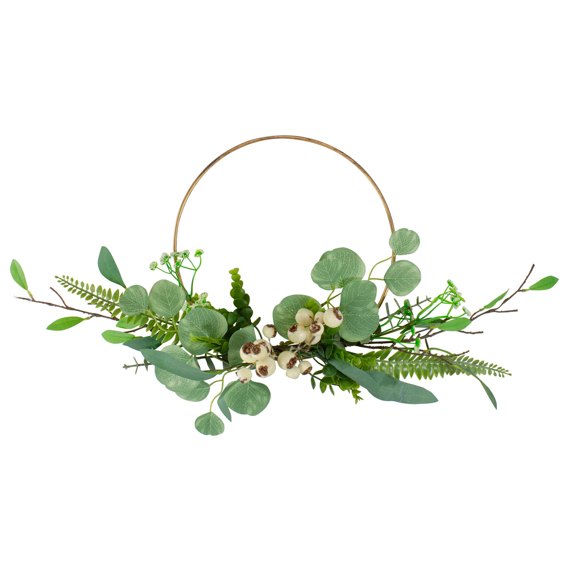 30&#x22; Green &#x26; Gold Eucalyptus Leaf &#x26; Fern Golden Ring Wreath
