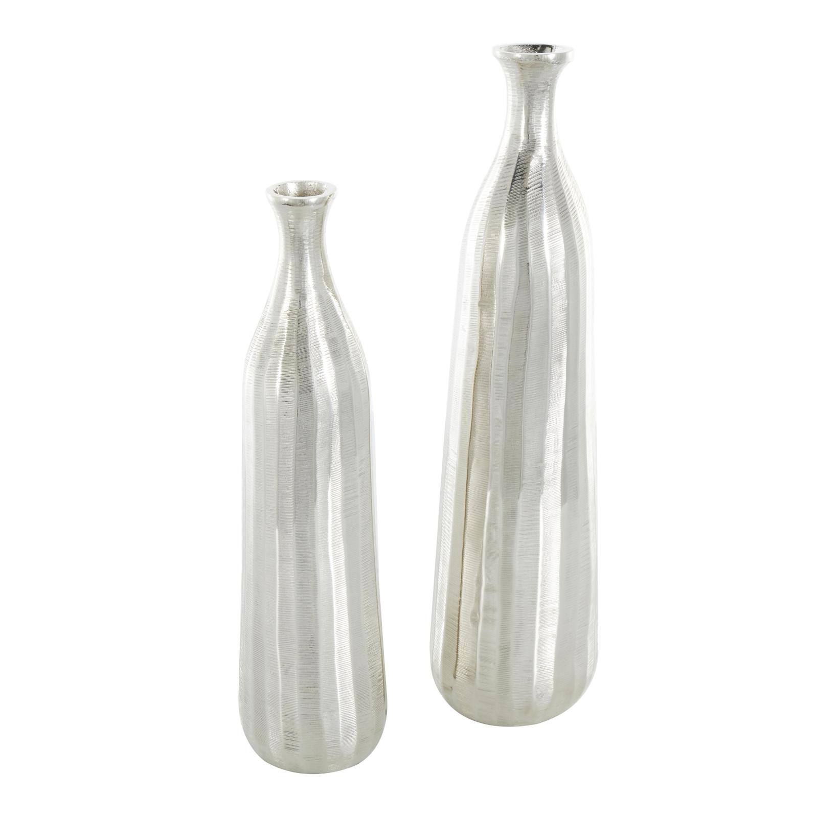 Silver Decorative Aluminum Vase Set with Wavy Accents & Textured Ridges