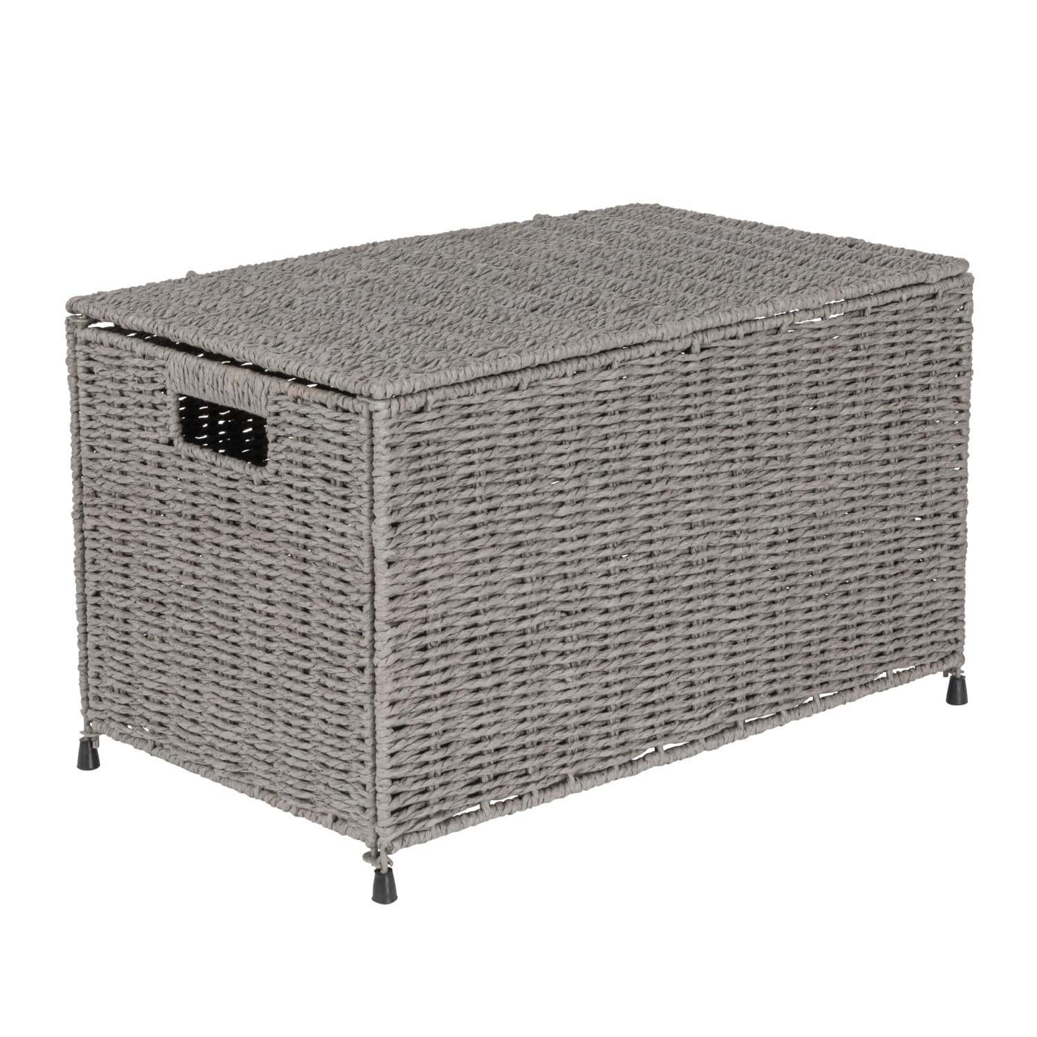 Gray Woven Paper Rope Storage Chest with Hinged Lid & Integrated Handles