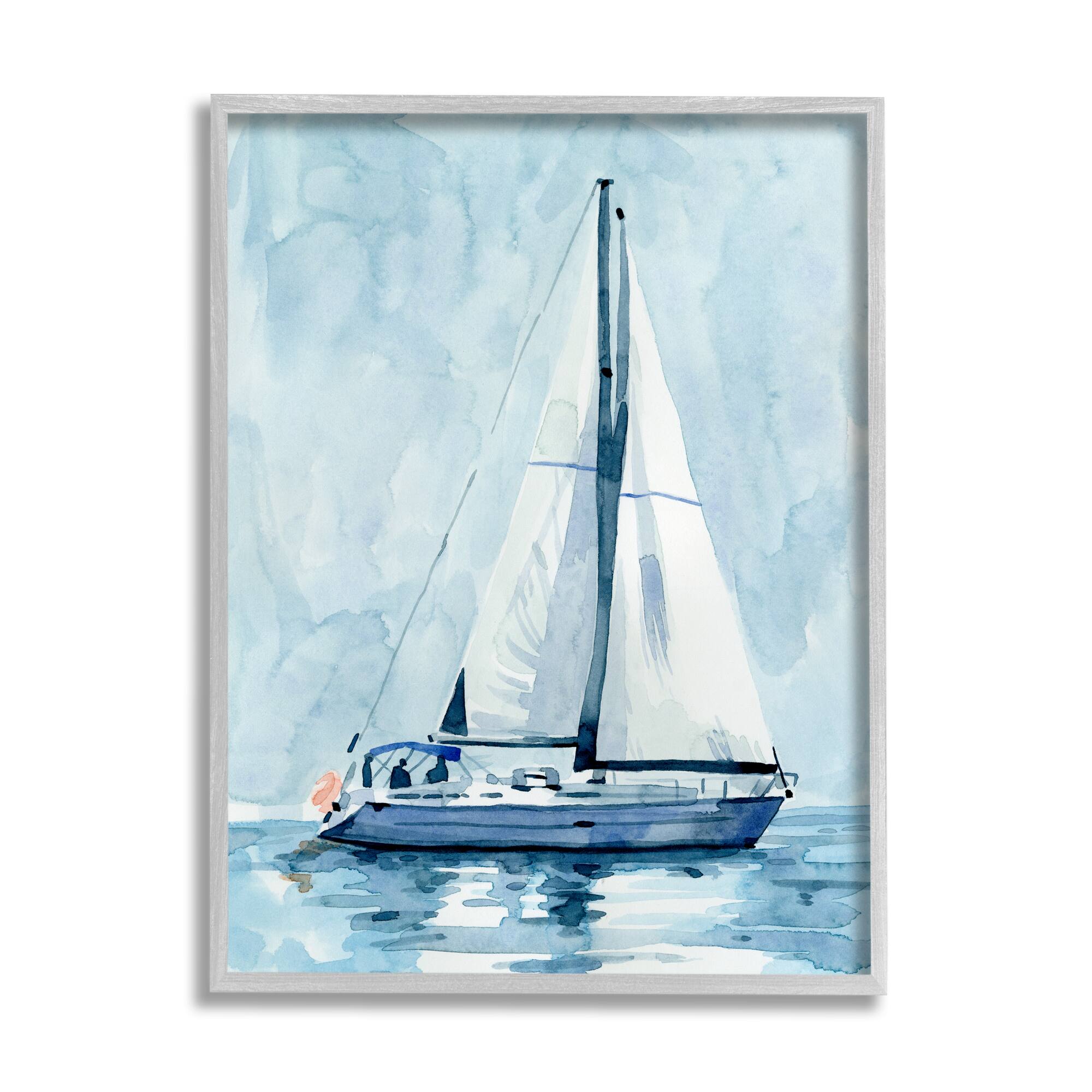 Stupell Industries Nautical Blue Sailboat Tranquil Coastal Water Watercolor Painting Framed Wall Art