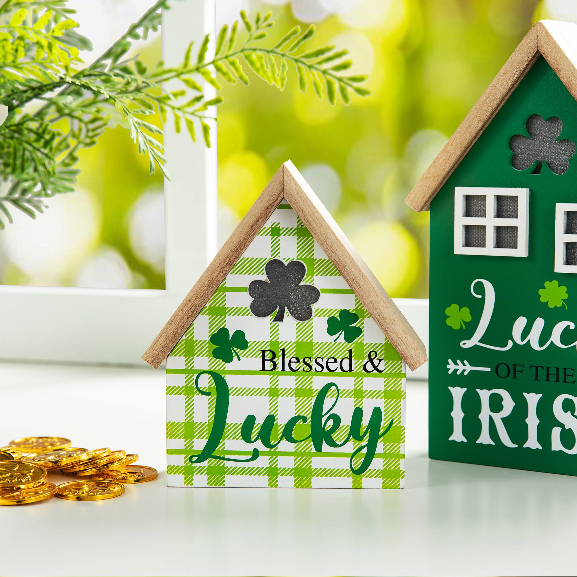 Glitzhome® Lighted St. Patrick's Wooden House Table Décor Set