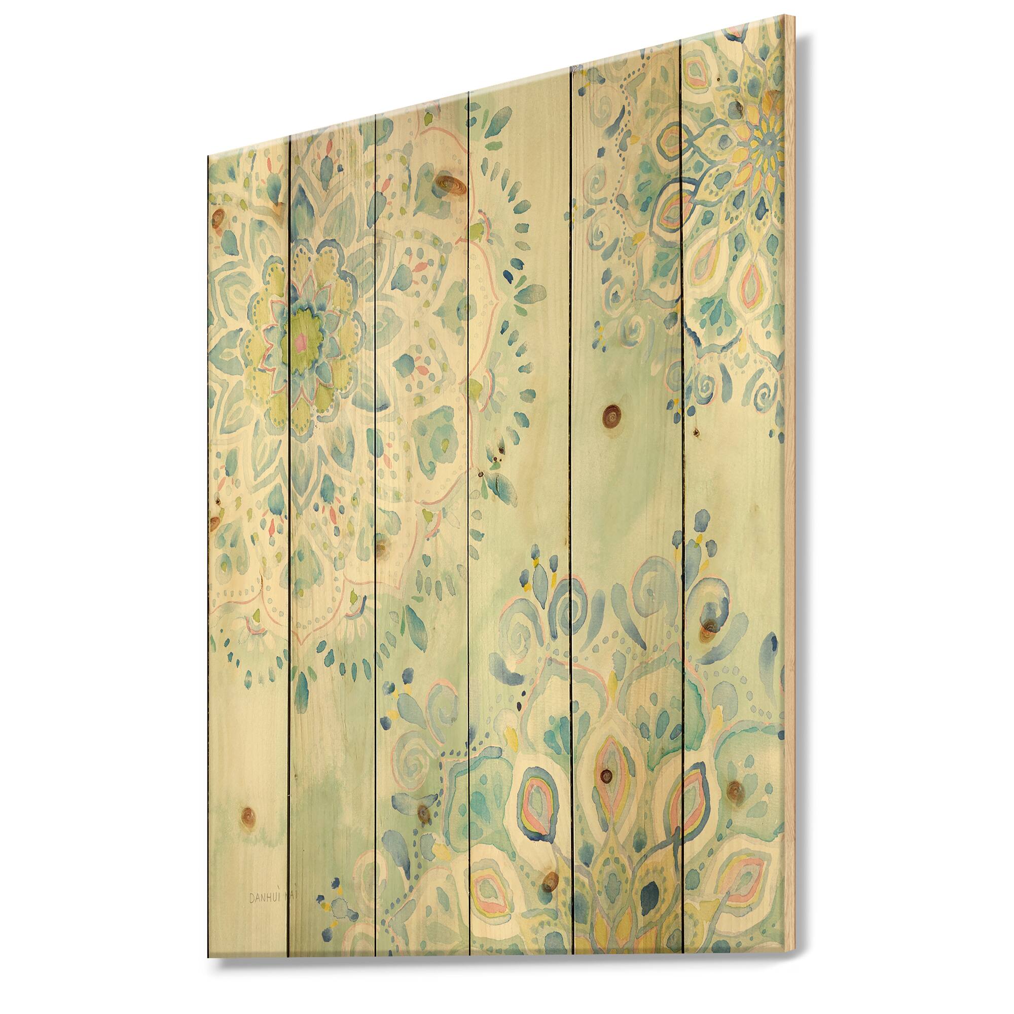 Designart - Watercolor mandalas III - Floral &#x26; Botanical Print on Natural Pine Wood