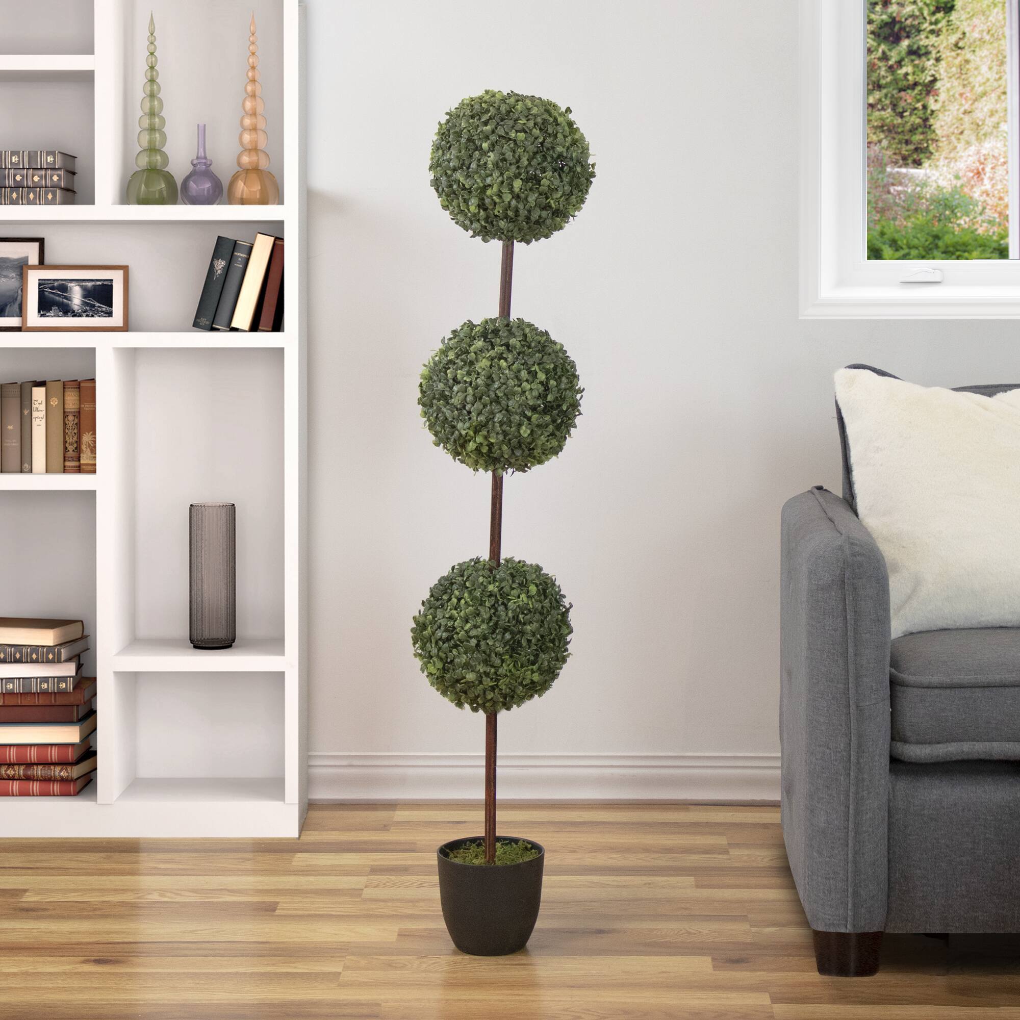 4ft. Unlit Artificial Two-Tone Boxwood Triple Ball Topiary Tree with Round Pot