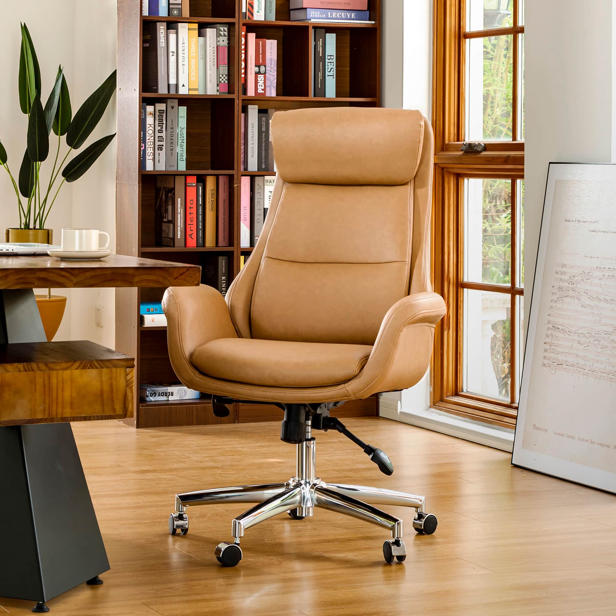 Glitzhome&#xAE; Mid-Century Modern Faux Leather Adjustable High Back Swivel Office Chair