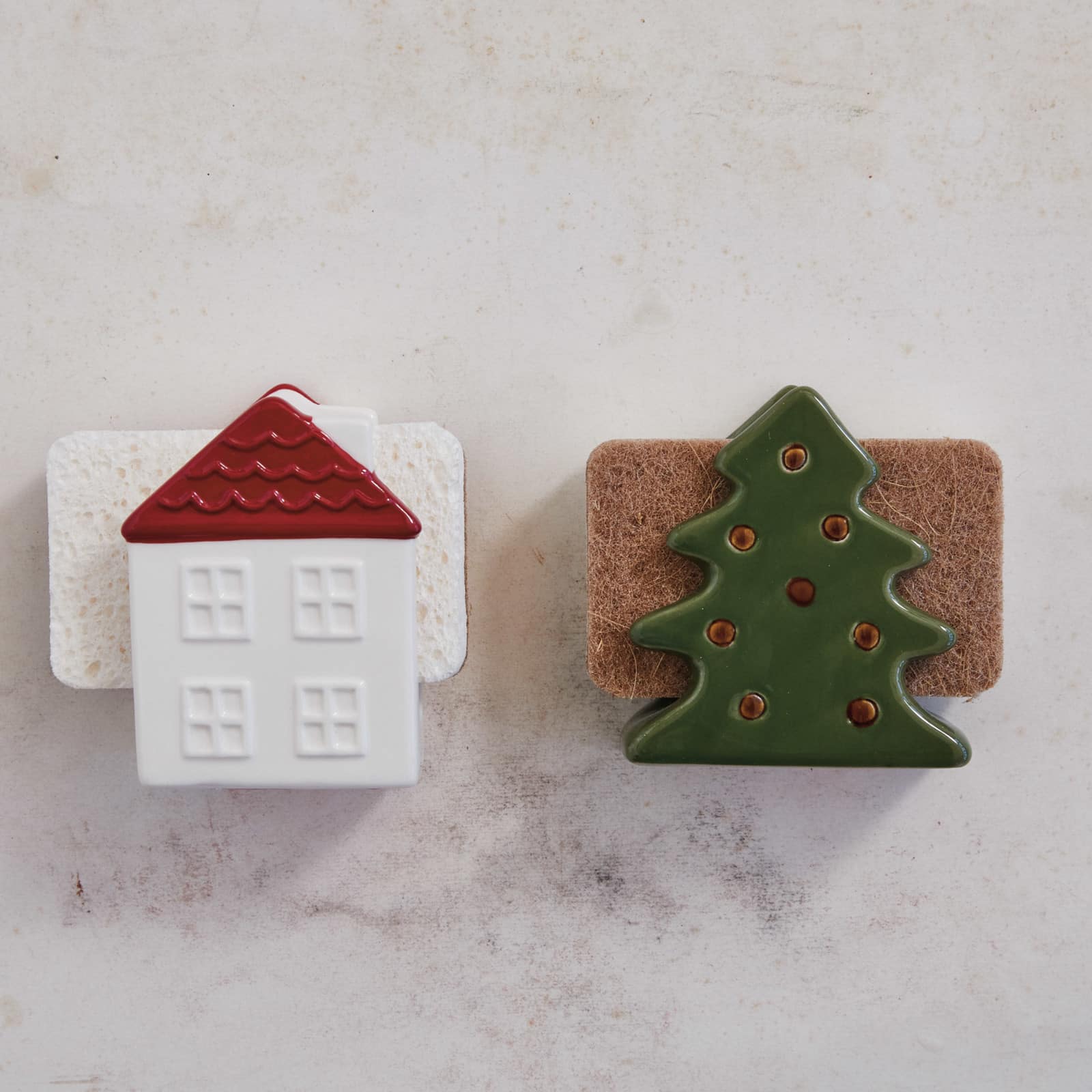 4&#x22; Green &#x26; Brown Stoneware Christmas Tree Shaped Sponge Holders with Sponge &#x26; Reactive Glaze, 2ct.