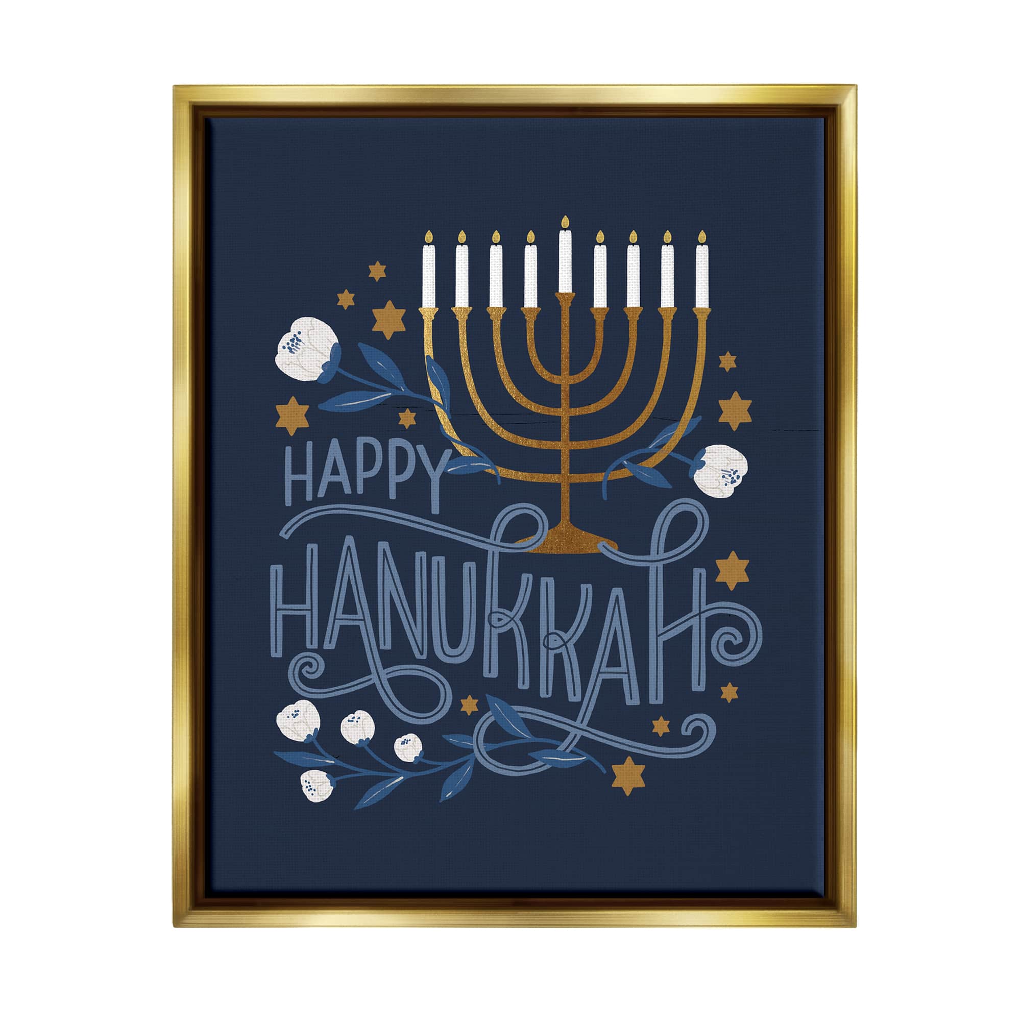 Stupell Industries Happy Hanukkah Traditional Menorah Symbols Framed Floater Canvas Wall Art