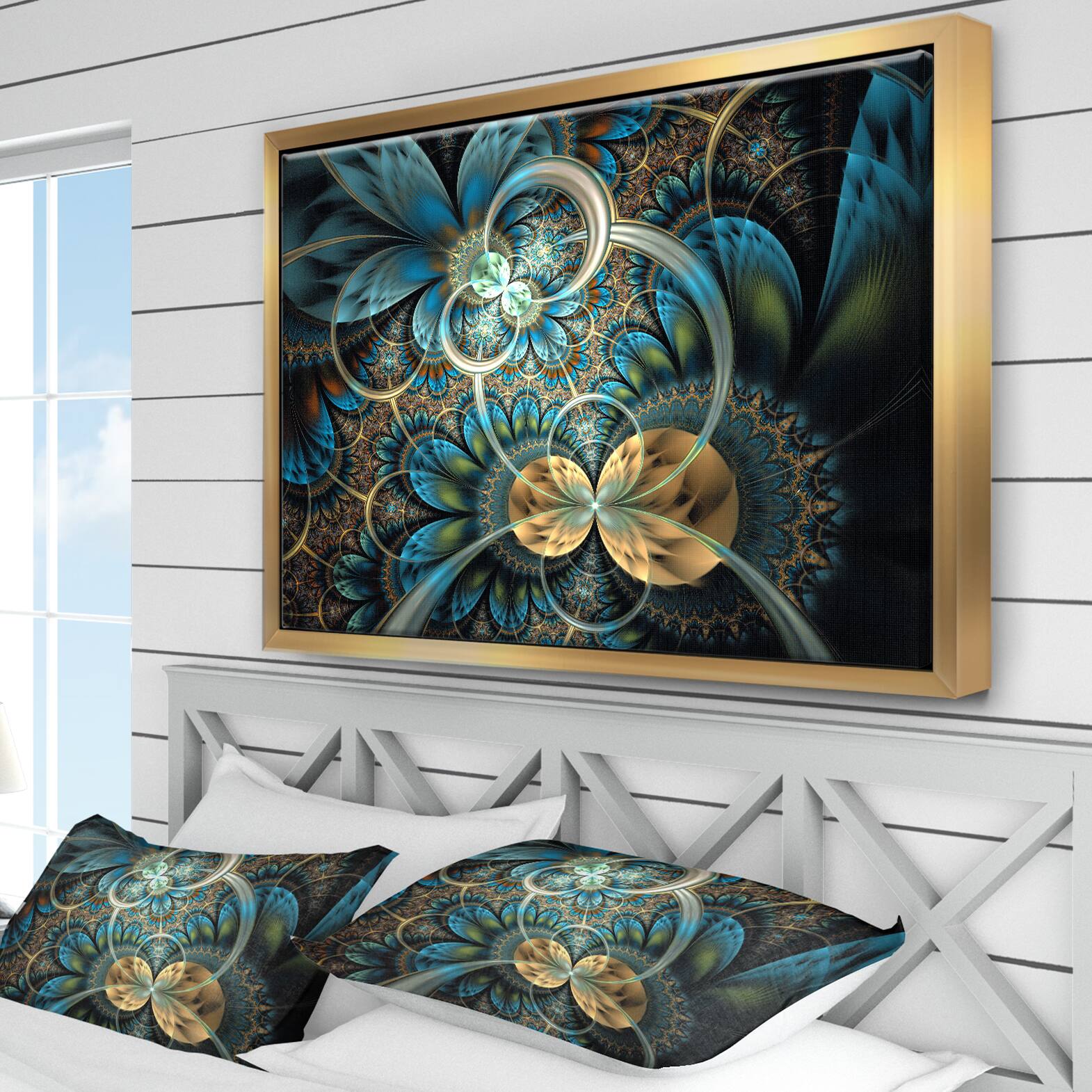 Designart - Symmetrical Blue Gold Fractal Flower - Abstract Print On Framed Canvas