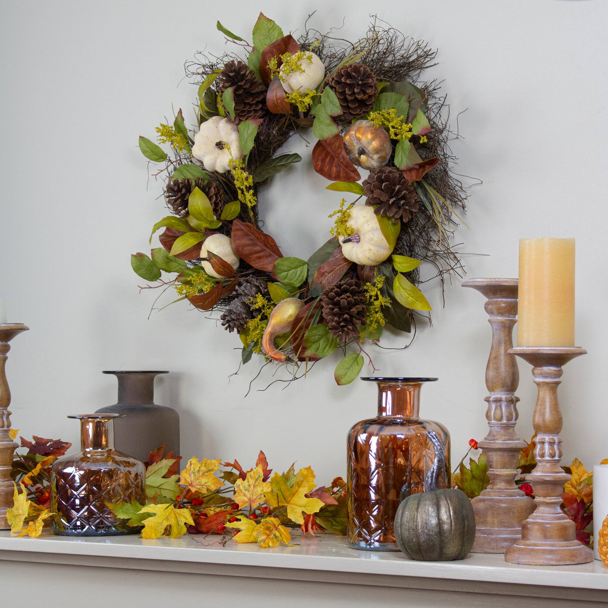 24&#x22; Pumpkin, Pinecone &#x26; Gourd Grapevine Thanksgiving Wreath