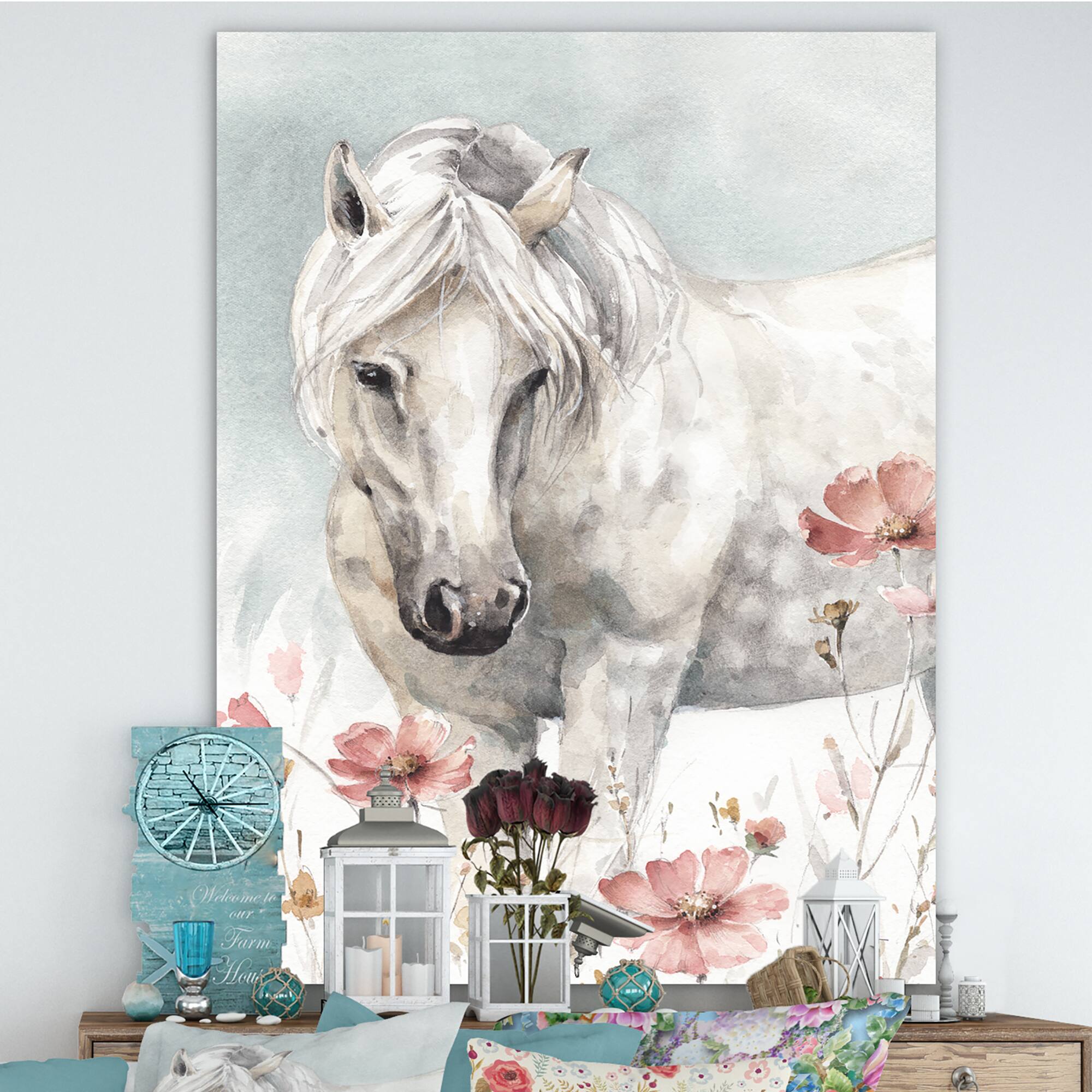 Designart - watercolors Pink Wild Horses I - Farmhouse Canvas Art