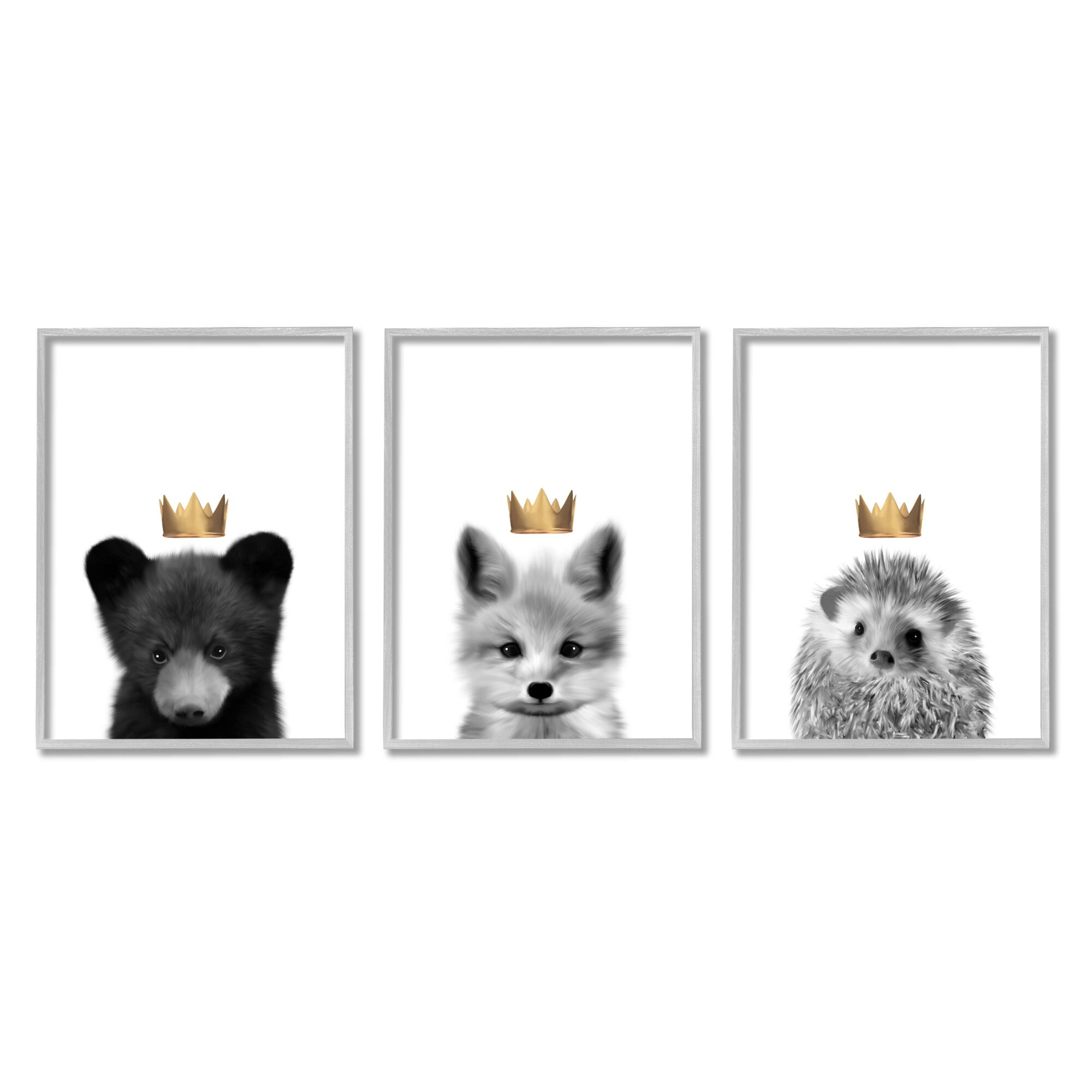 Stupell Industries Woodland Animals Bold Crowns Black Bear Fox Hedgehog Framed Wall Art