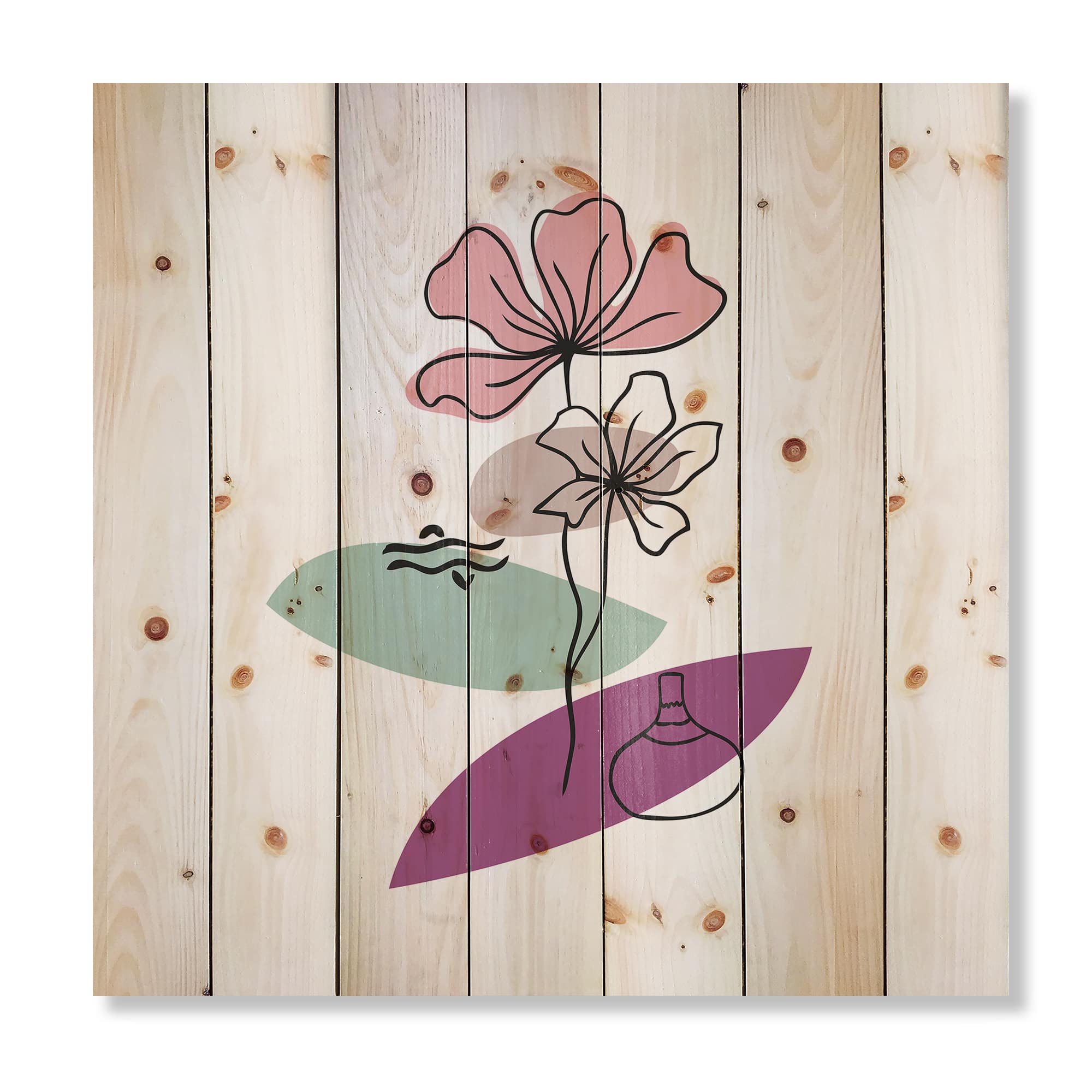 Designart - Elementary Shapes With Abstract Flowers Plants IV - Modern Print on Natural Pine Wood