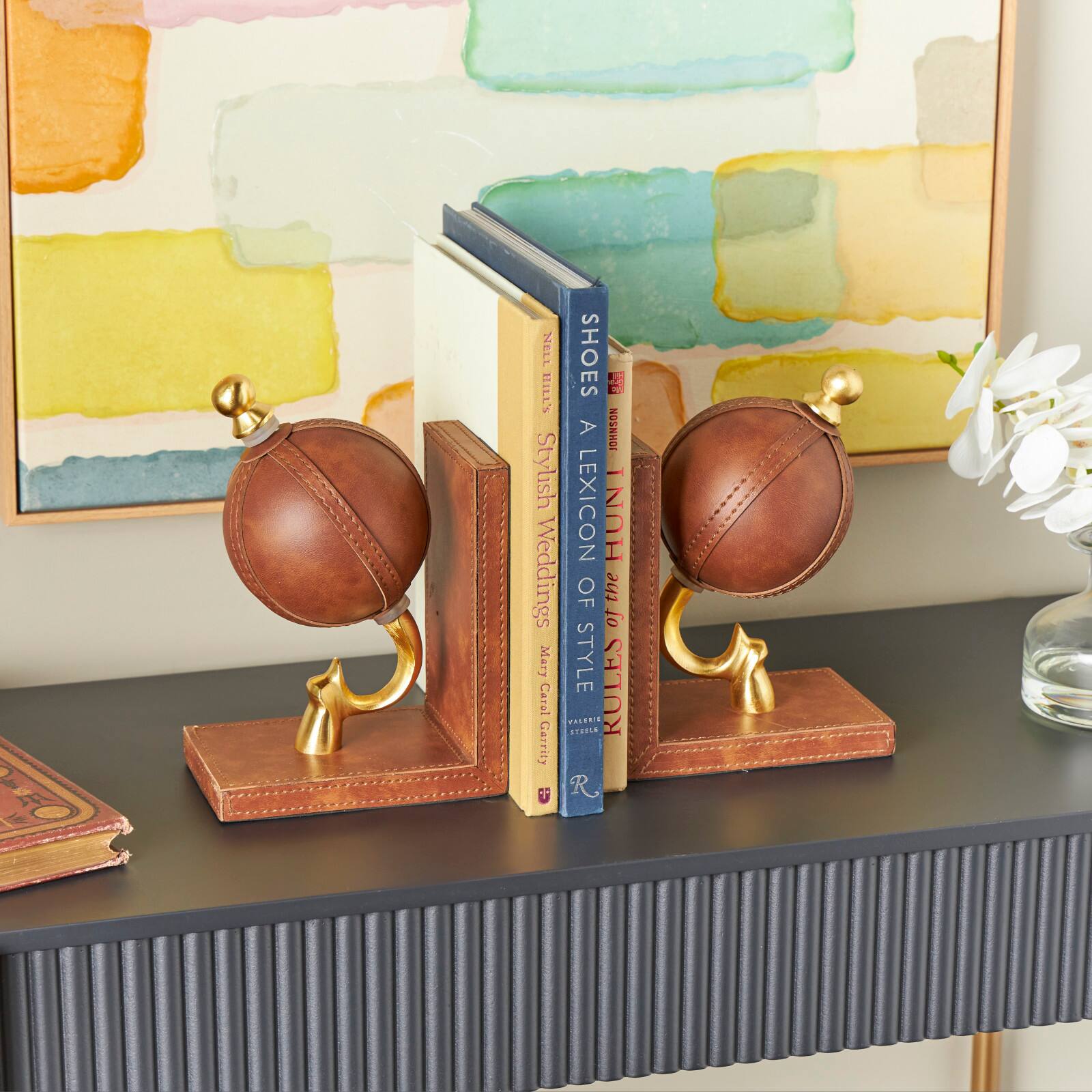 9" Brown Leather Globe Handmade Stitched Bookends Set