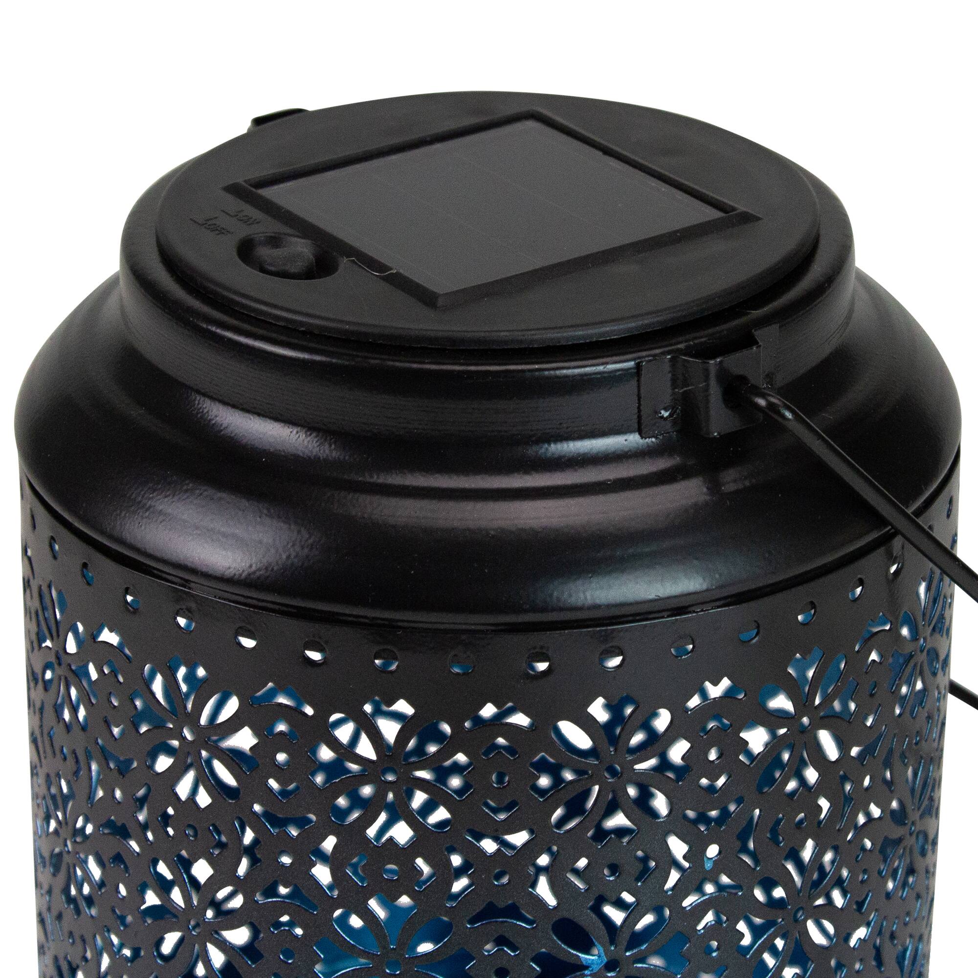7&#x22; Black Integrated Floral LED Solar Outdoor Lantern with Handle