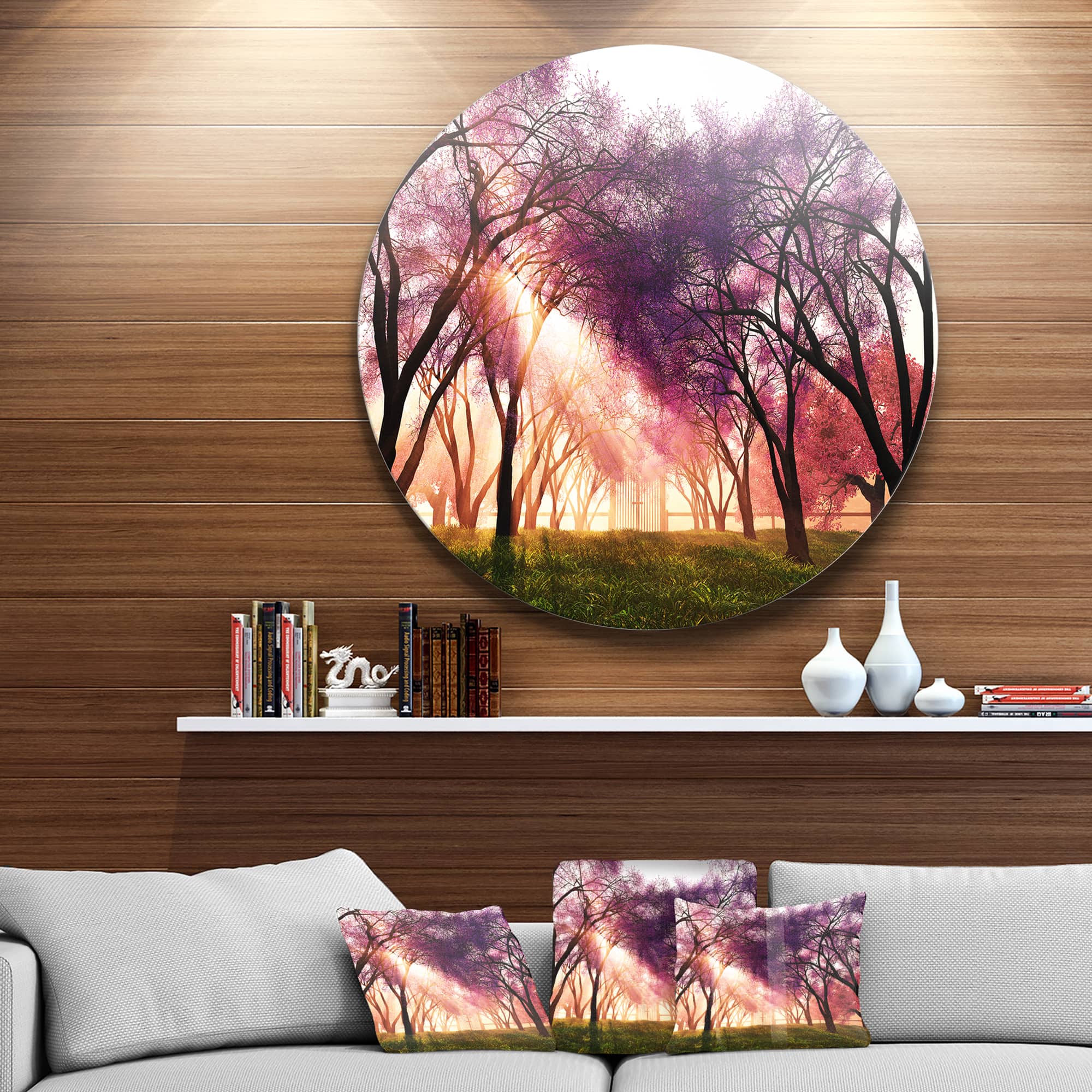 Designart - Cherry Blossoms Japan Garden' Disc Landscape Metal Circle Wall Art