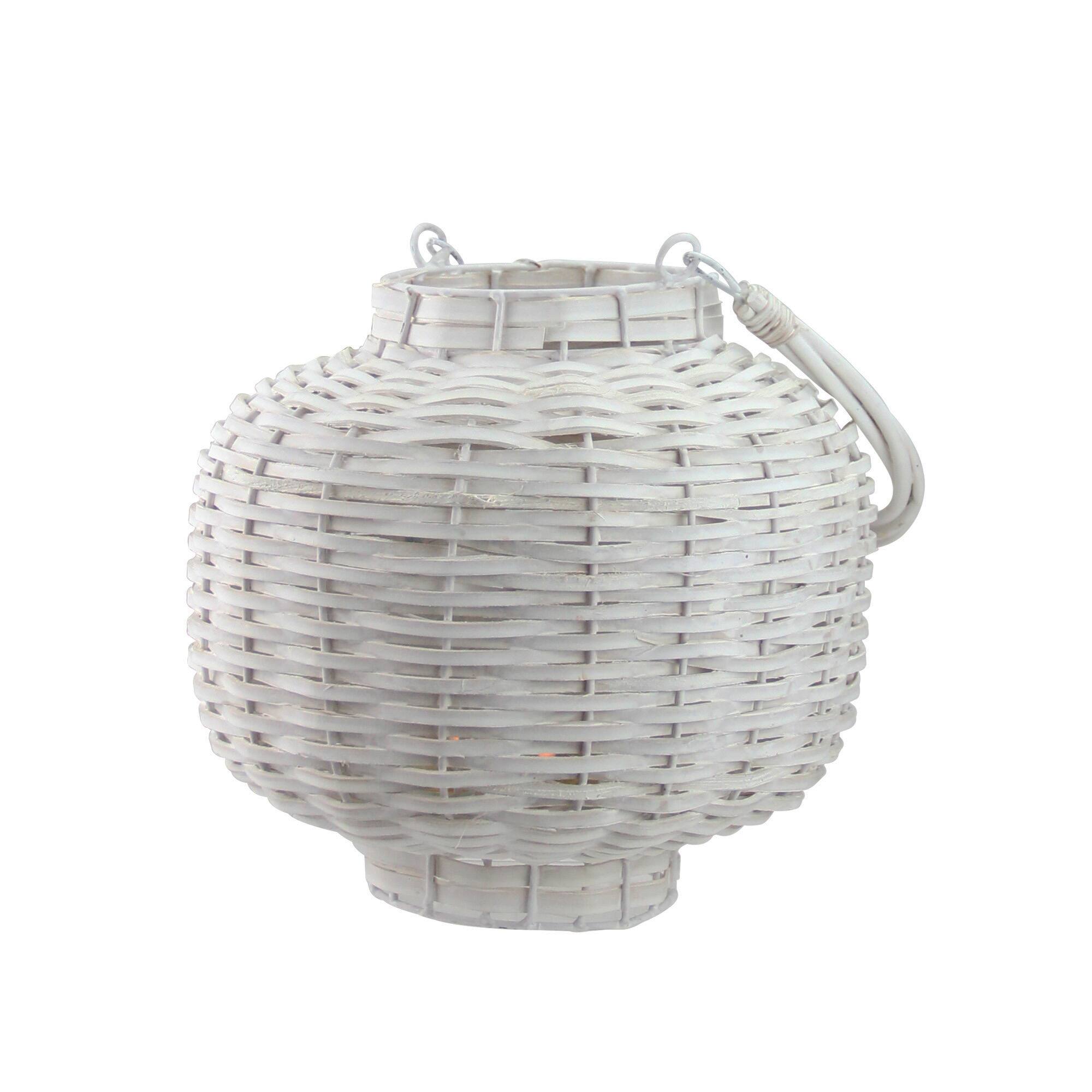 17.5" Beach Day Woven Wood Pillar Candle Lantern, White