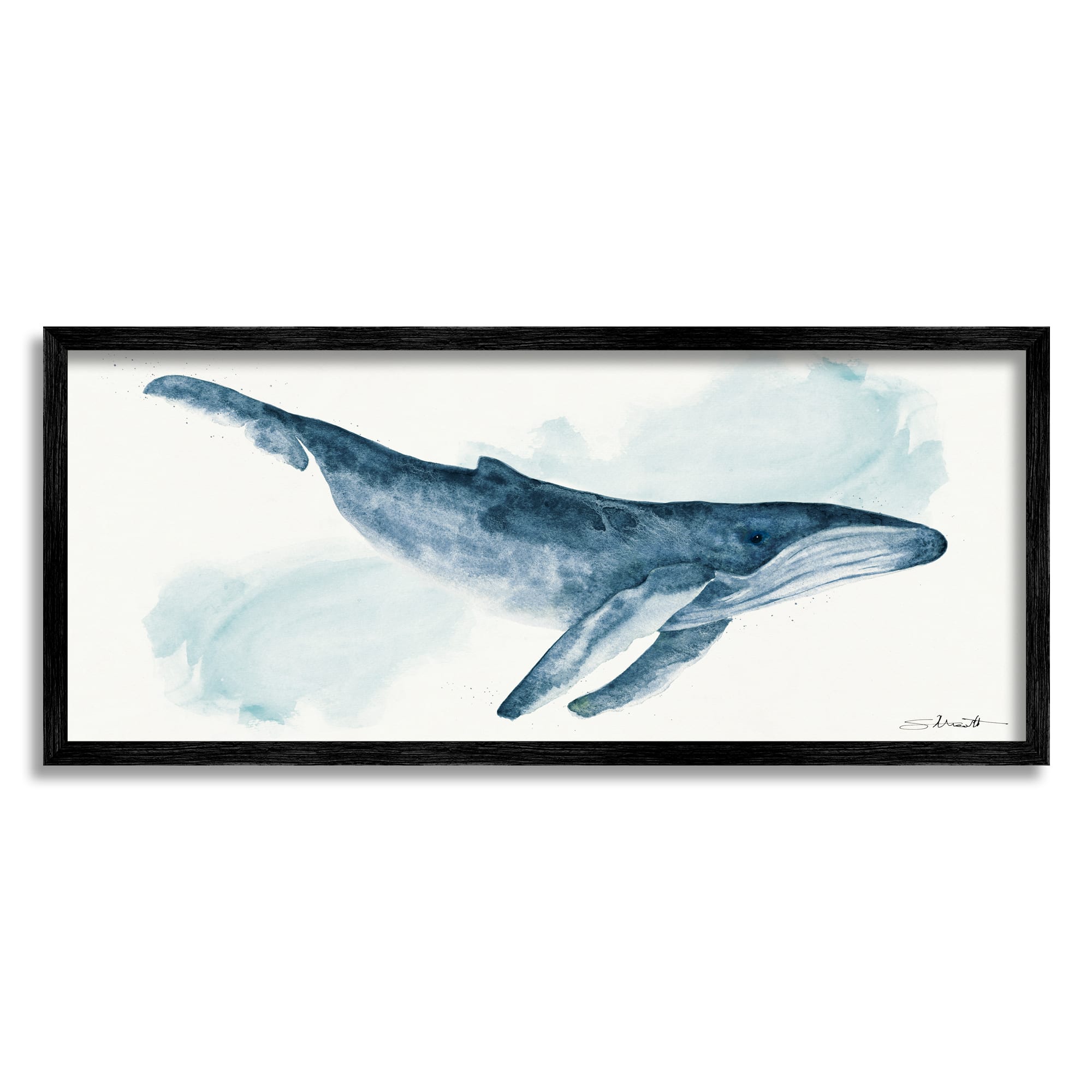 Stupell Industries Nautical Humpback Whale Marine Animal Blue Watercolor Painting Framed Wall Art