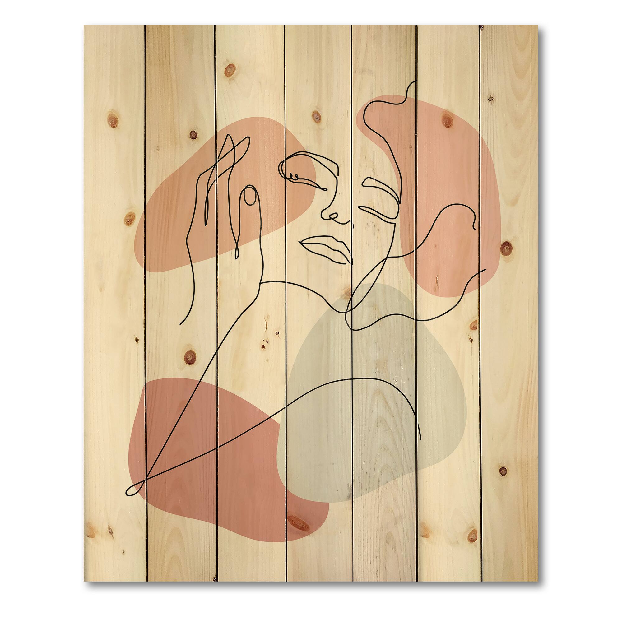 Designart - Continuous Line Portrait of Woman In - Modern Print on Natural Pine Wood