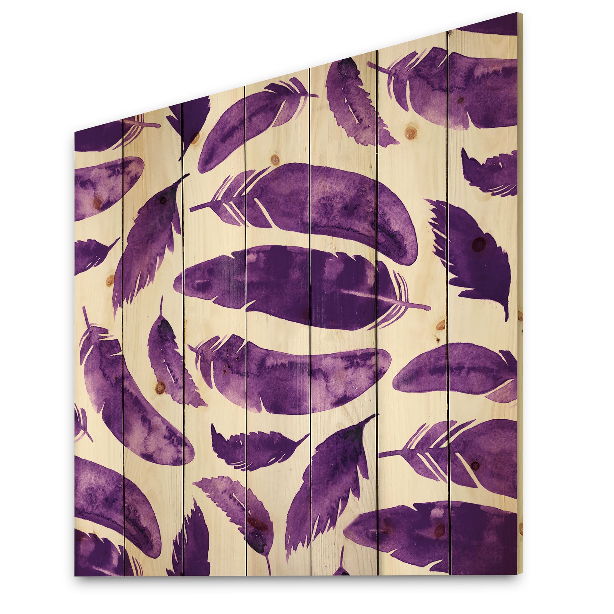 Designart - Ethnic VIolet Feathers - Bohemian &#x26; Eclectic Print on Natural Pine Wood
