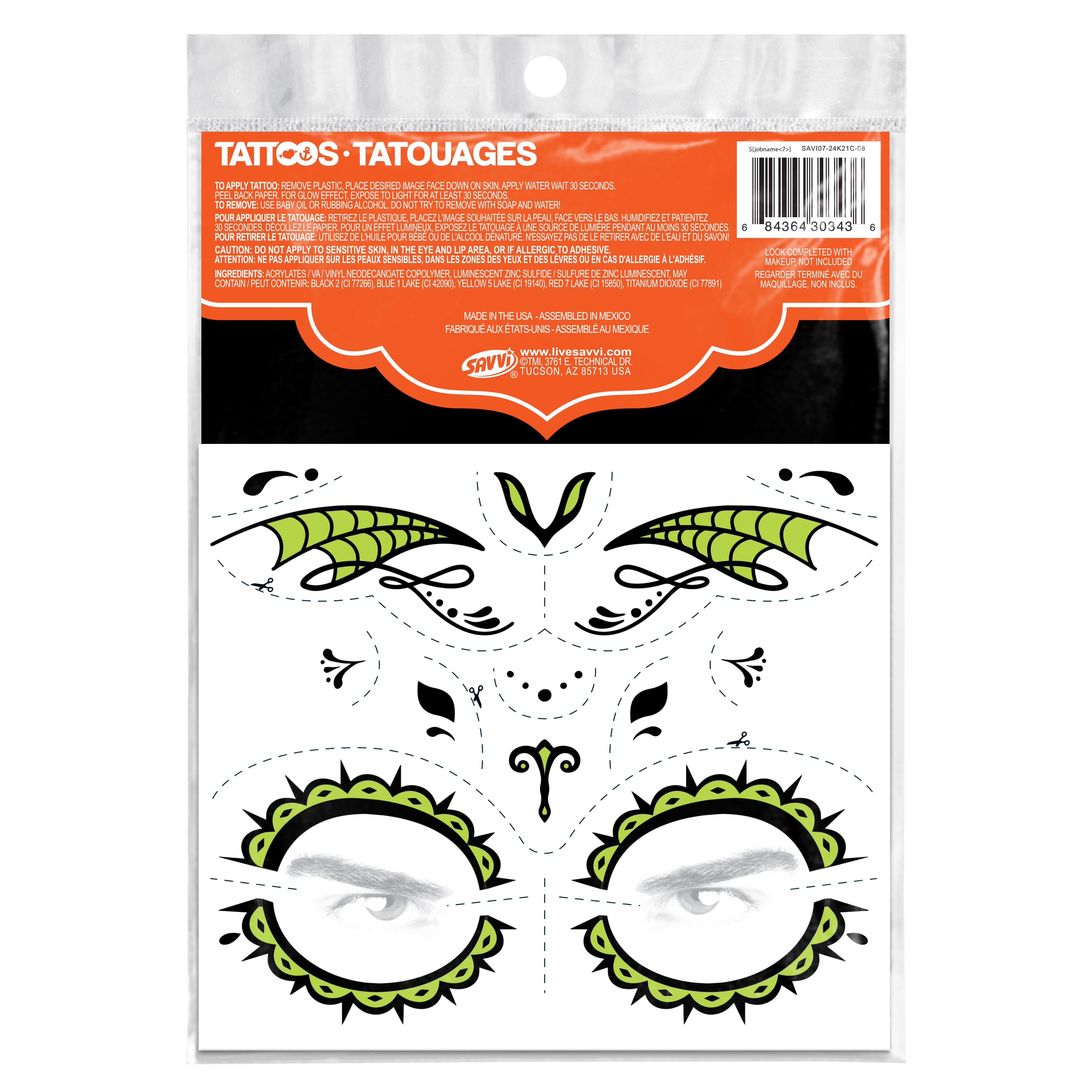 Savvi Glow-in-the-Dark Skull Costume Tattoos