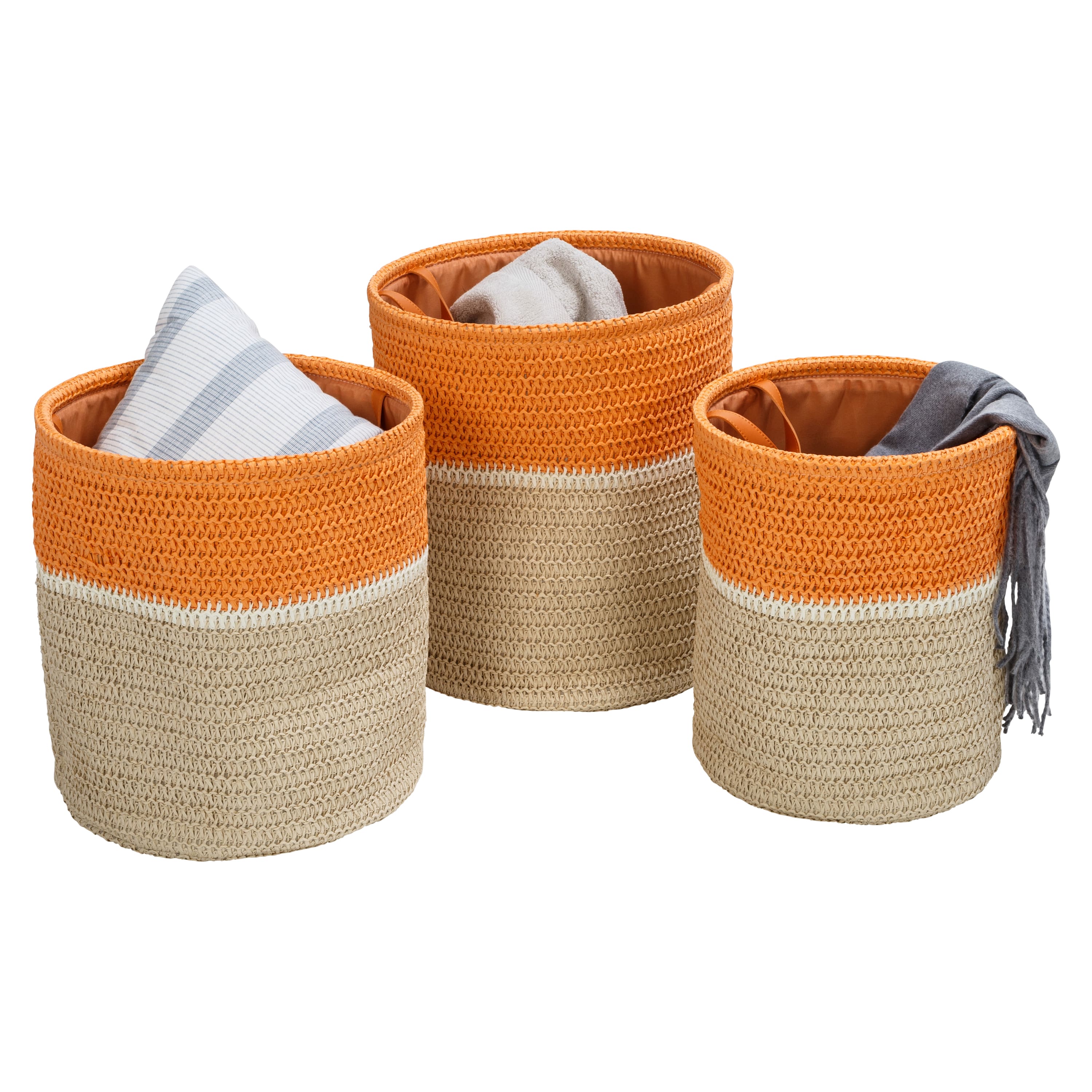 Honey Can Do Orange &#x26; Beige Paper Straw Nesting Baskets with Handles Set