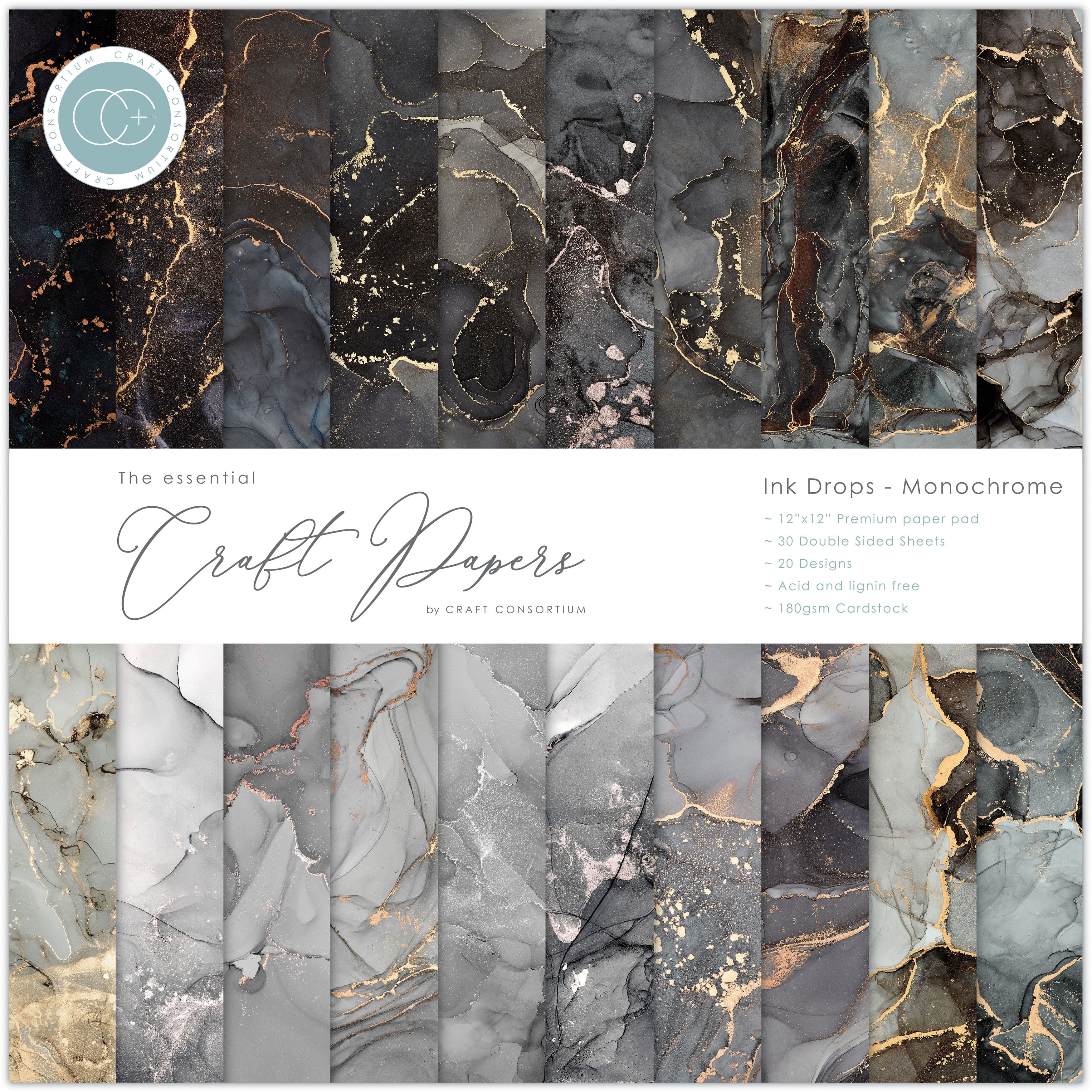 Craft Consortium Ink Drops Monochrome Double-Sided Paper Pad, 12" x 12"