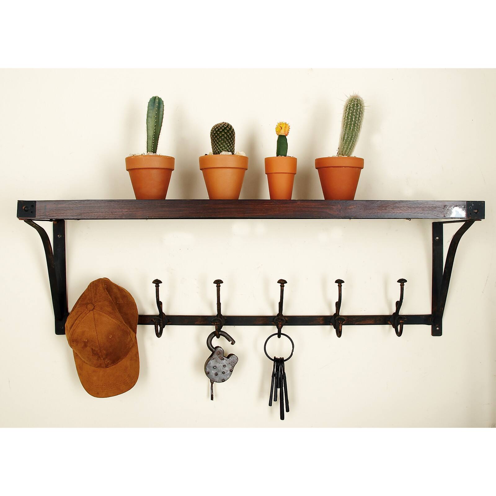 Brown Wood Industrial Wall Hooks with Shelf